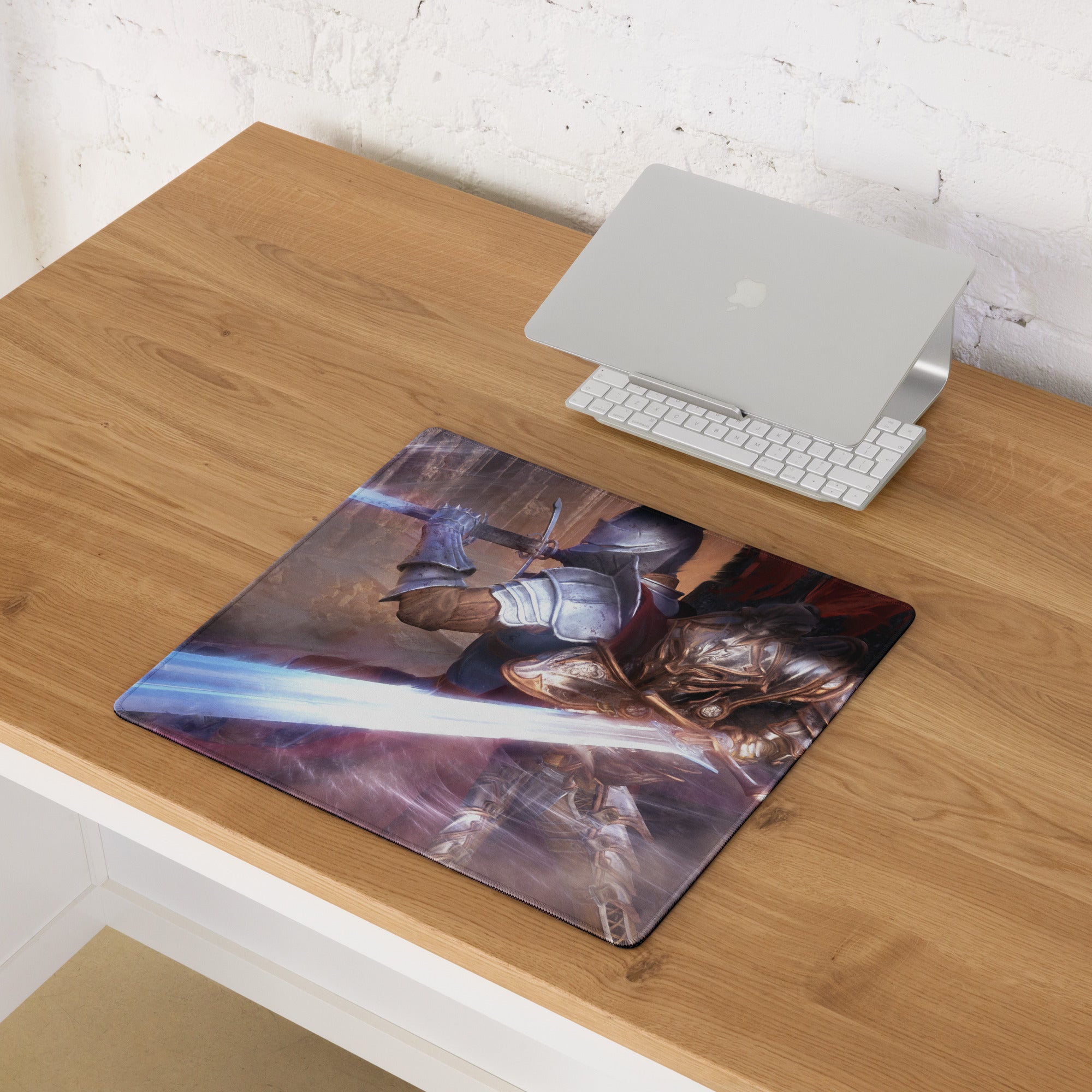 Knight Battle Fantasy Gaming Mouse Pad Blue Purple Tones for Gaming Desk Epic Painterly Artwork