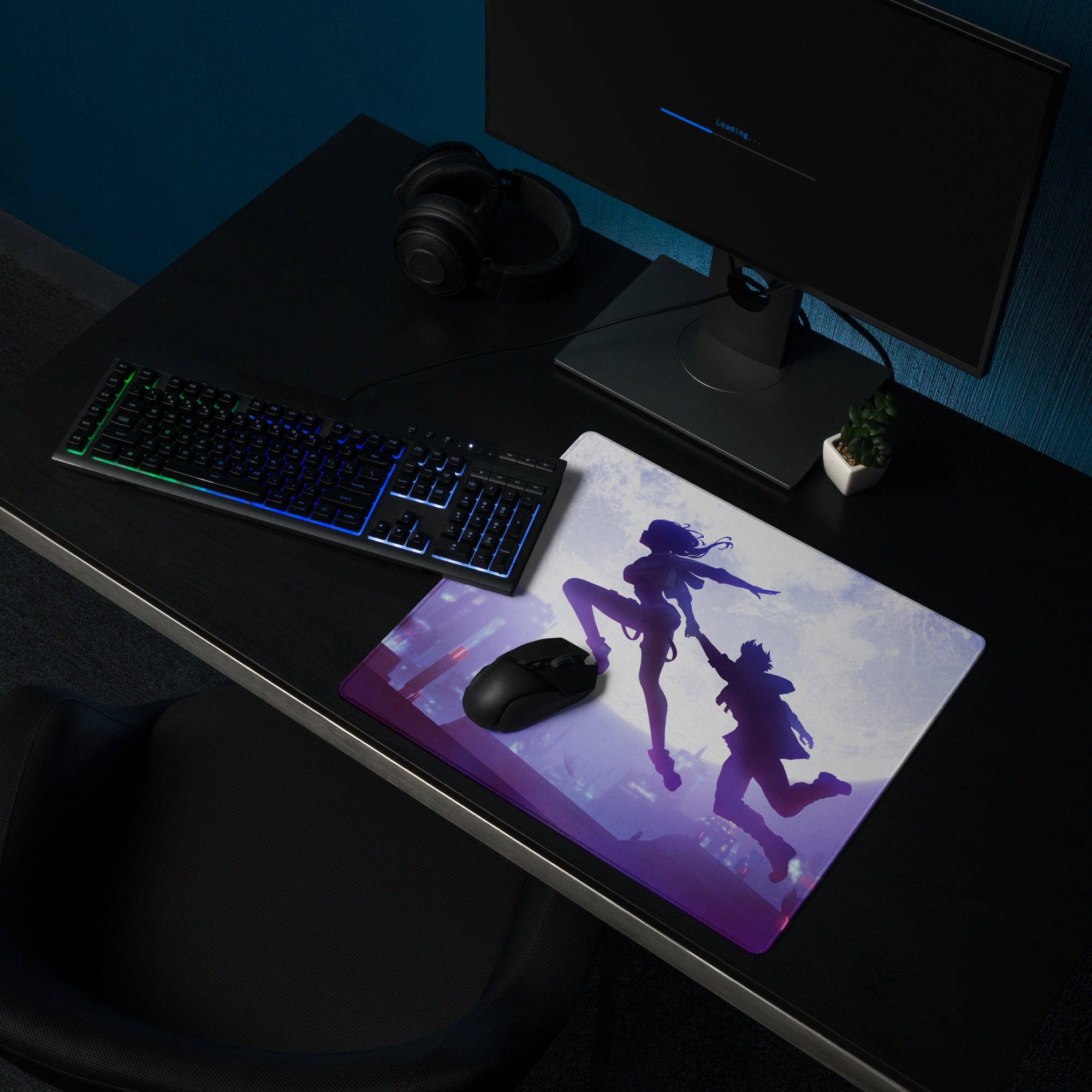 Purple Blue Gaming Mouse Pad Large Size For Desk Setup Non Slip Base Anime Silhouette Art