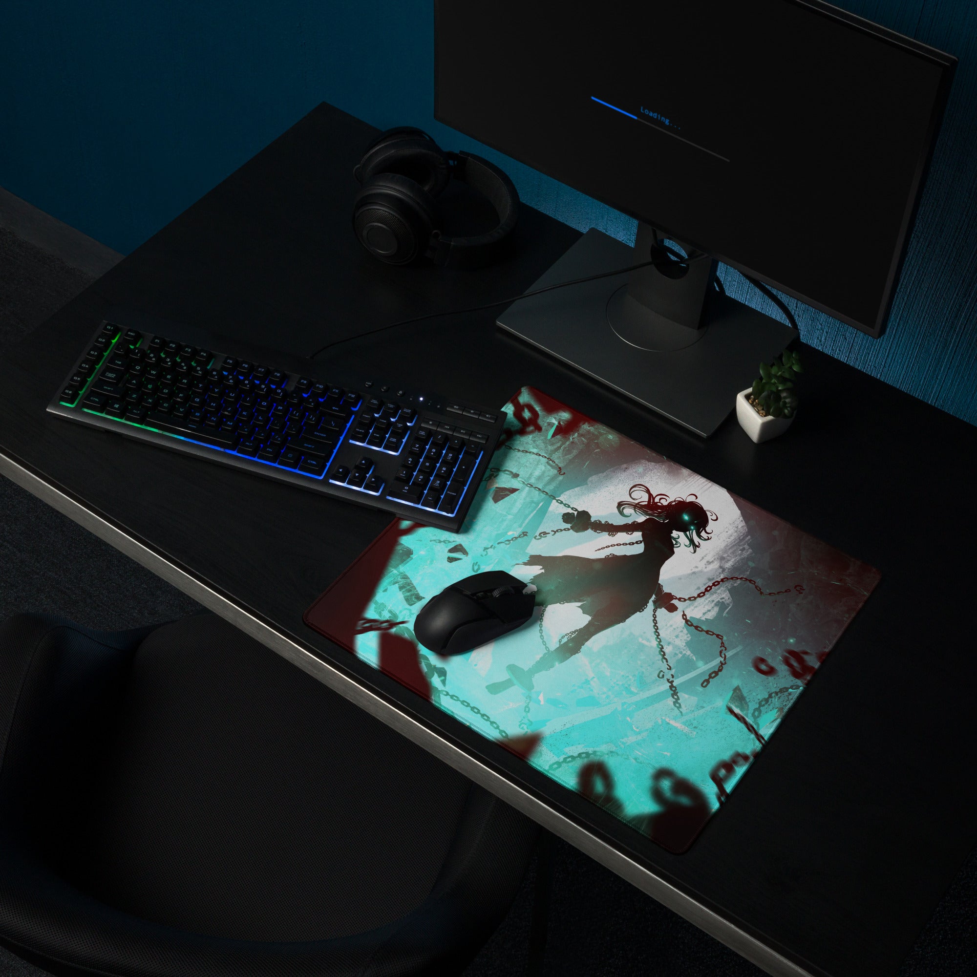 Gaming Mouse Pad Teal And Crimson Neon Cyberpunk Fantasy For Gaming Desk Setup Large Size Non Slip Edge Stitching