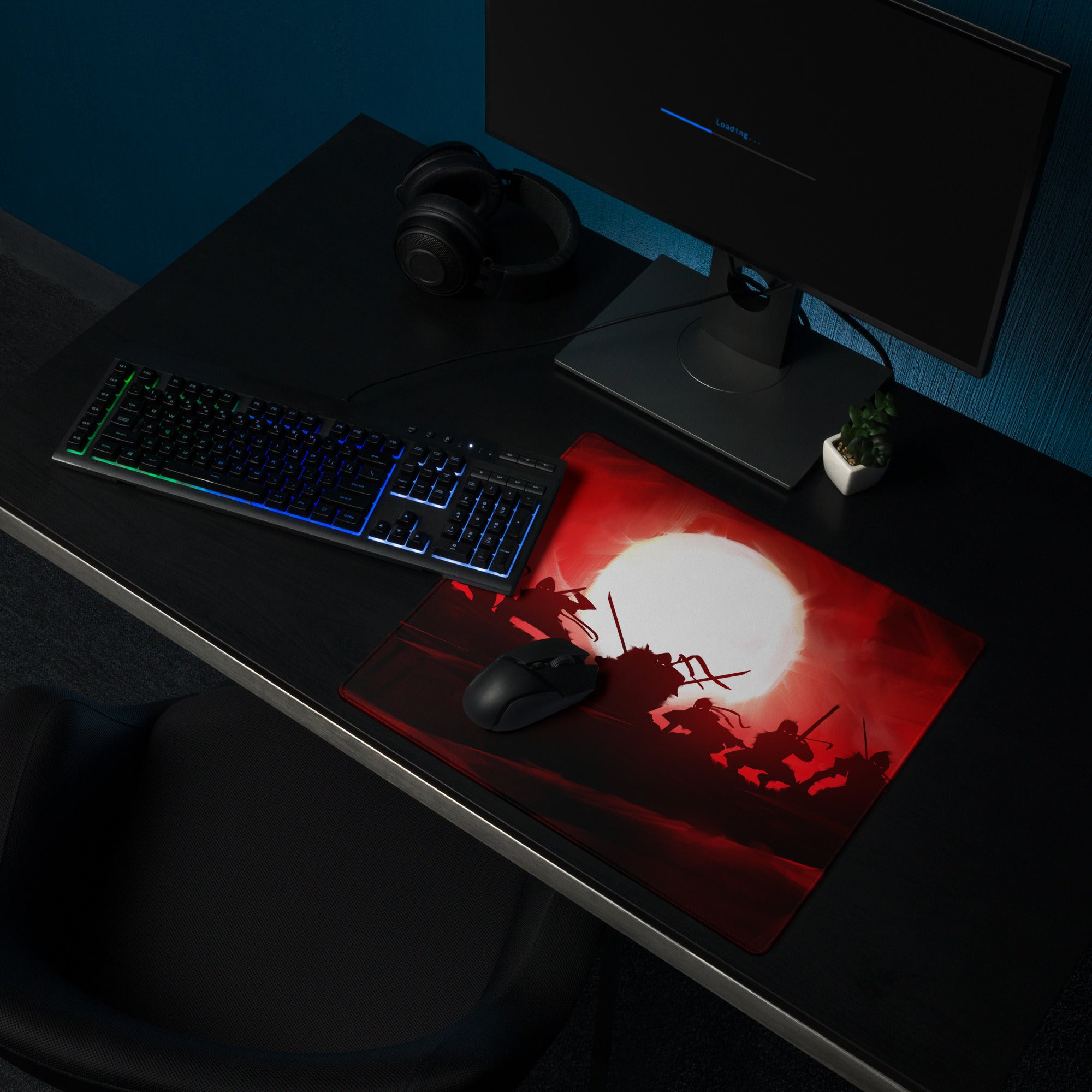 Gaming Mouse Pad Red Black Non Slip Desk Setup War Battle Scene Art Style Esports Edge Stitching