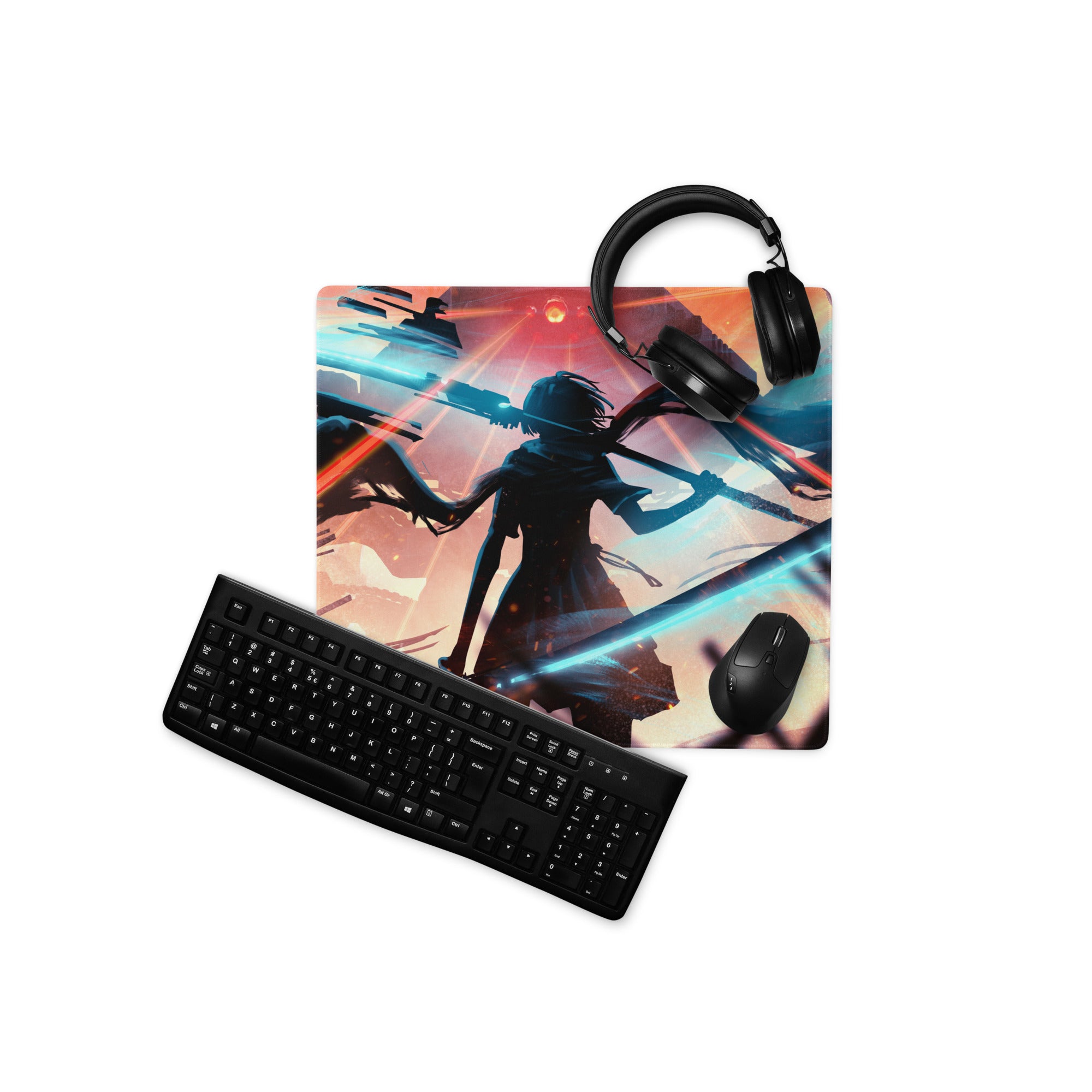 Large Gaming Mouse Pad Neon Blue And Red Cyberpunk Battlefield Design For Gaming Desk Setup
