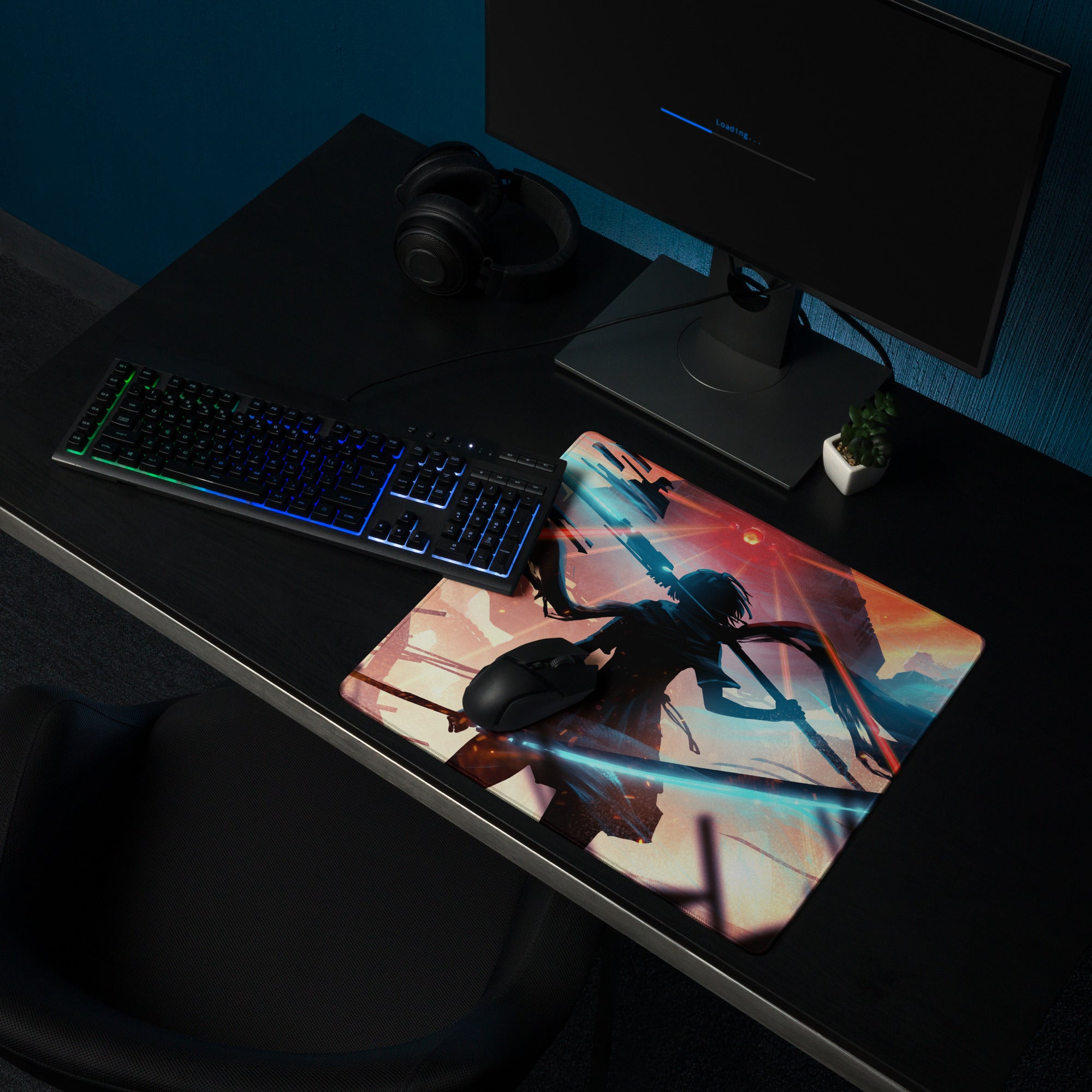 Large Gaming Mouse Pad Neon Blue And Red Cyberpunk Battlefield Design For Gaming Desk Setup