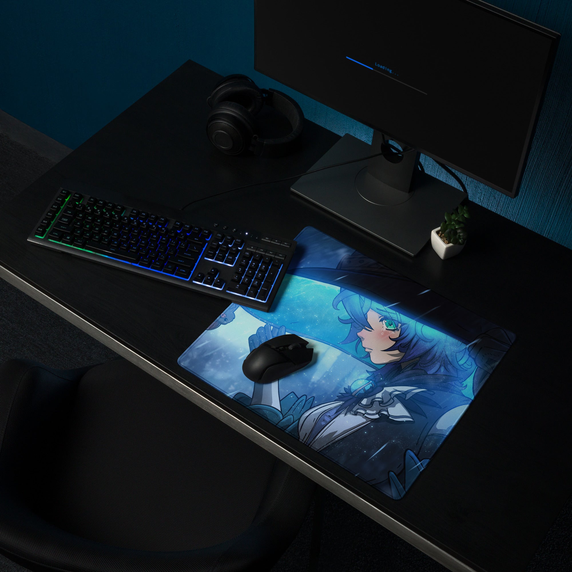 Blue Anime Style Gaming Mouse Pad For Desktop Setup Large Size With Non Slip Base And Edge Stitching