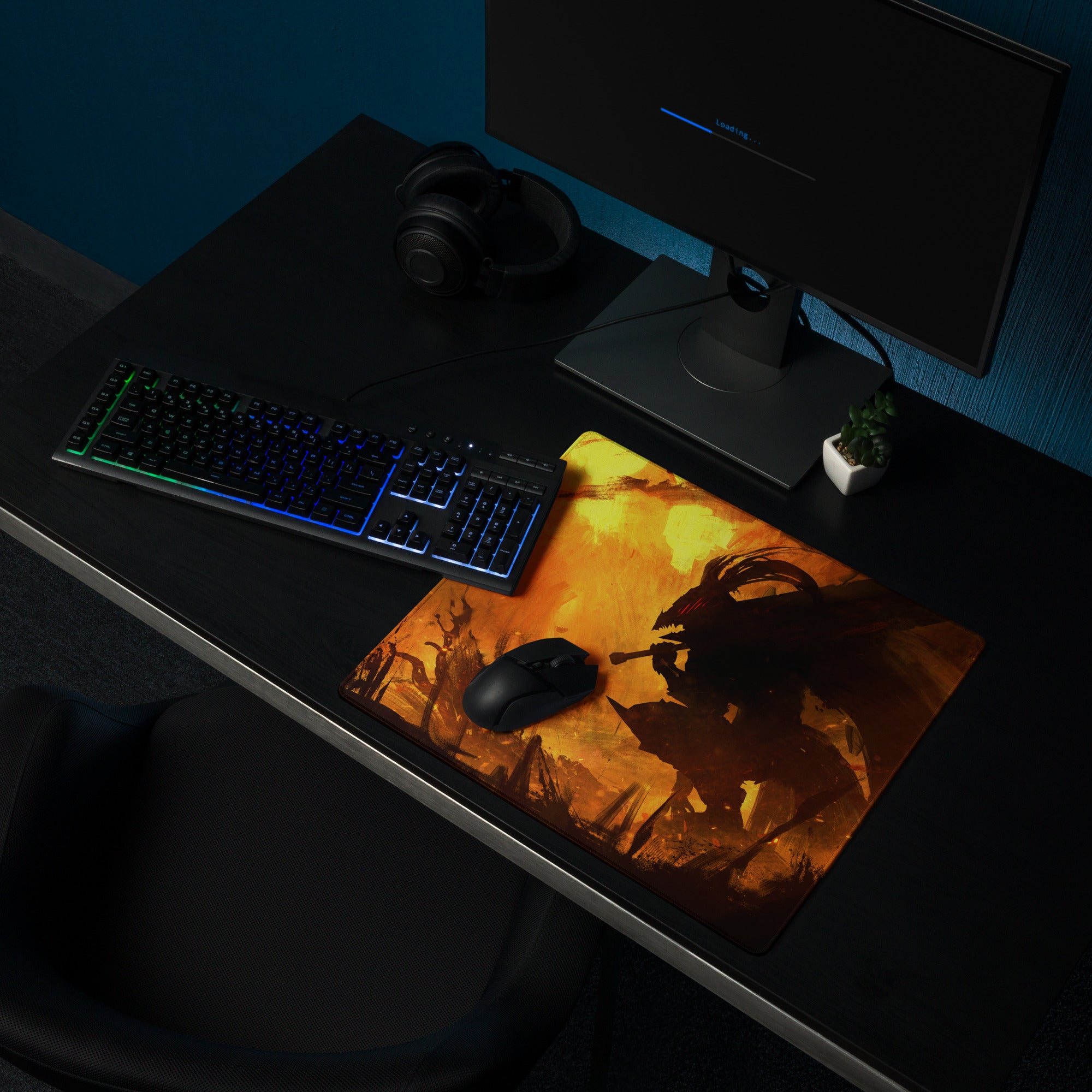 Orange And Black Gaming Mouse Pad For Desktop Setup Modern Abstract Fire Art Battlestation Mat
