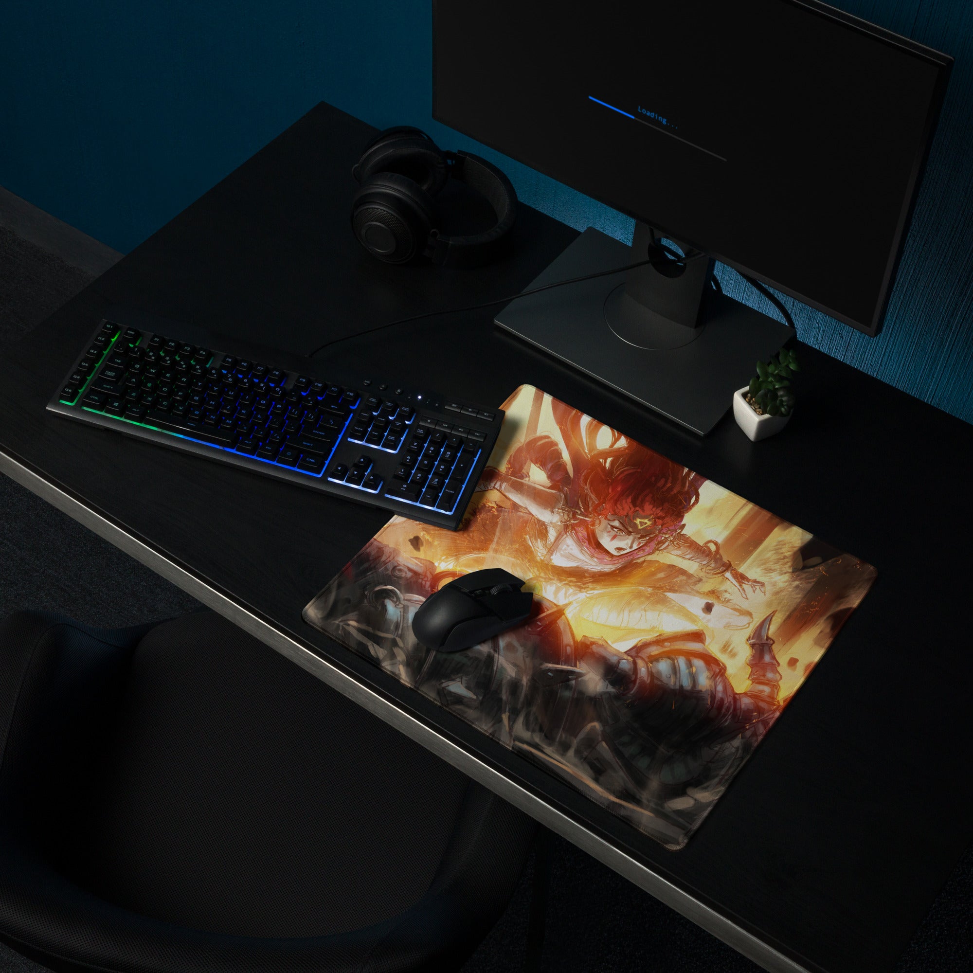 Gamer Mouse Pad Fiery Orange Red Esports Desk Digital Painting Dynamic Anime Style