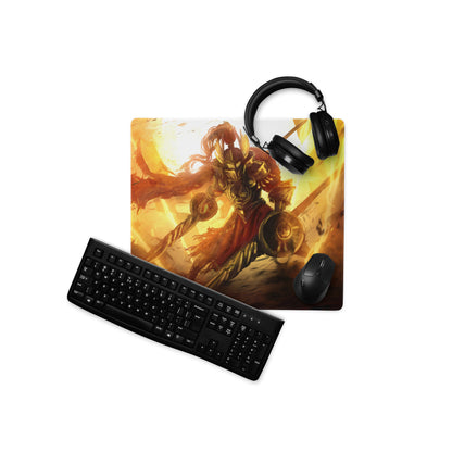Orange Fire Warrior Gaming Mouse Pad For Large Gaming Desk Fiery Battle Art Style