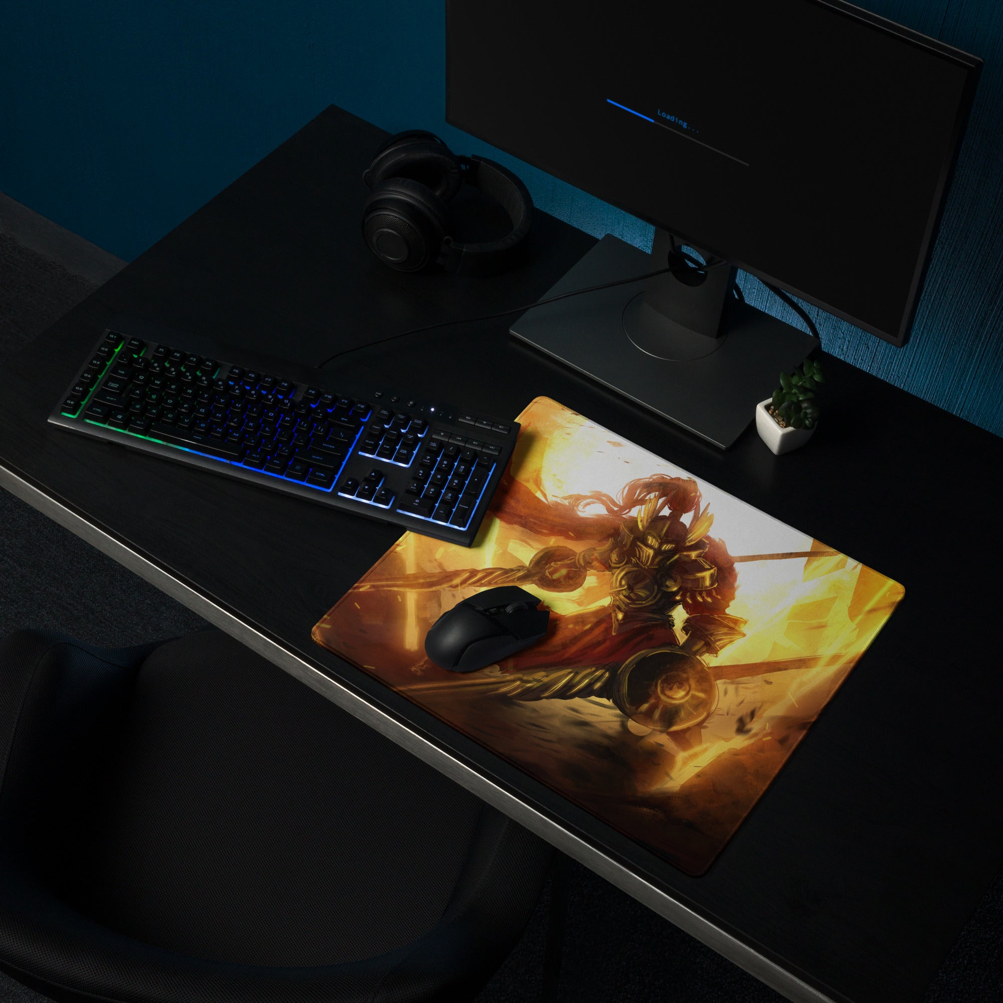 Orange Fire Warrior Gaming Mouse Pad For Large Gaming Desk Fiery Battle Art Style