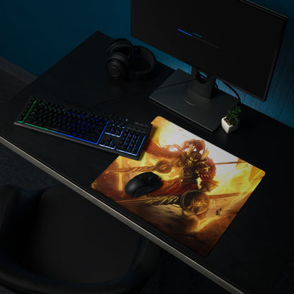 Orange Fire Warrior Gaming Mouse Pad For Large Gaming Desk Fiery Battle Art Style