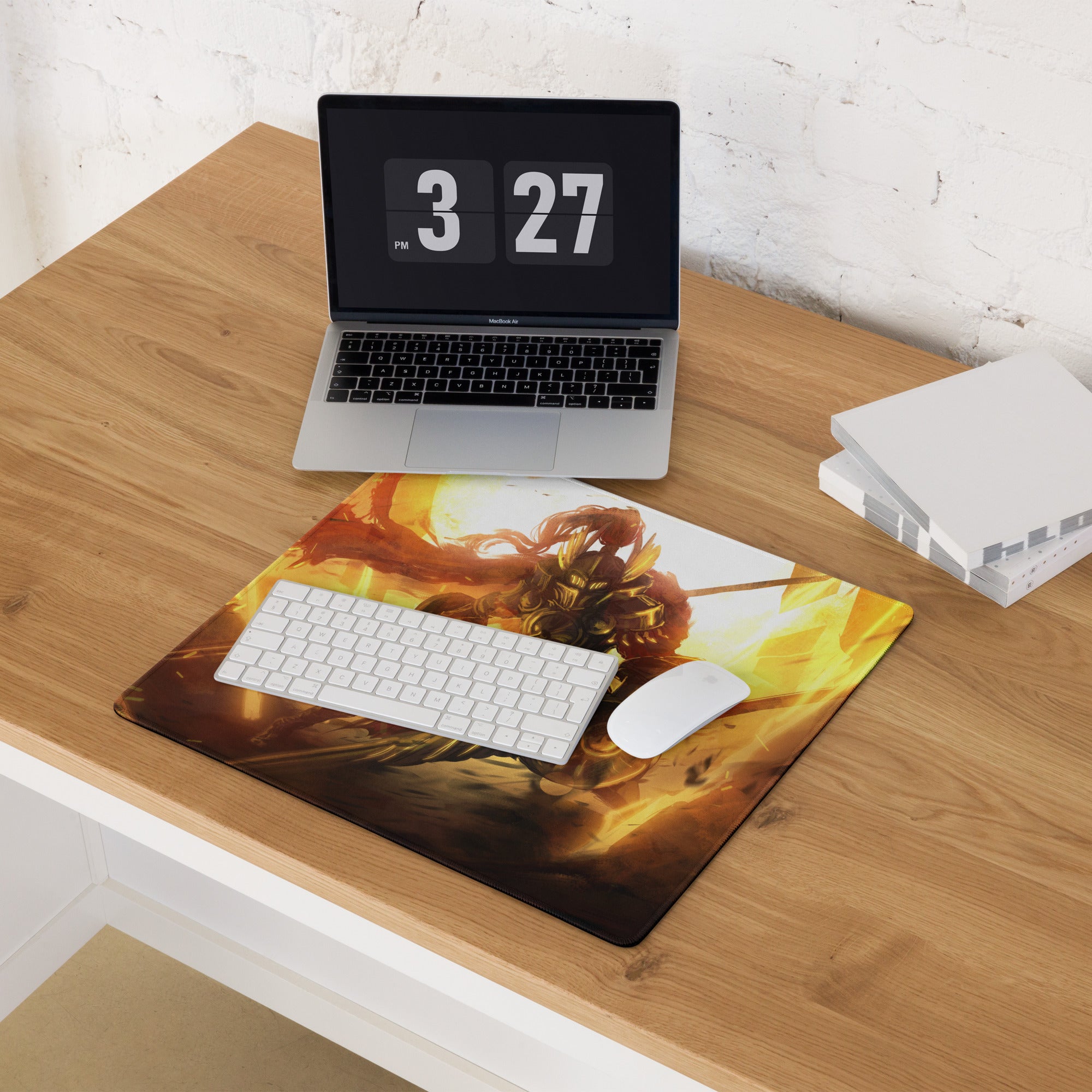 Orange Fire Warrior Gaming Mouse Pad For Large Gaming Desk Fiery Battle Art Style