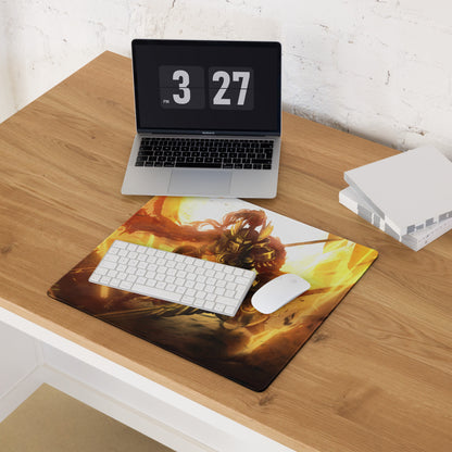Orange Fire Warrior Gaming Mouse Pad For Large Gaming Desk Fiery Battle Art Style