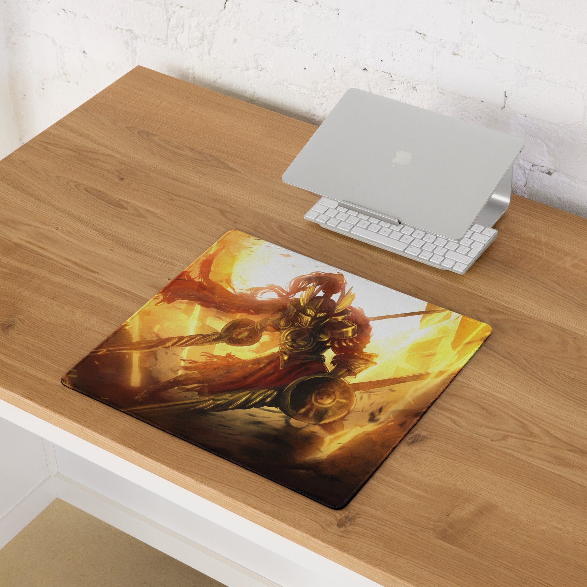 Orange Fire Warrior Gaming Mouse Pad For Large Gaming Desk Fiery Battle Art Style