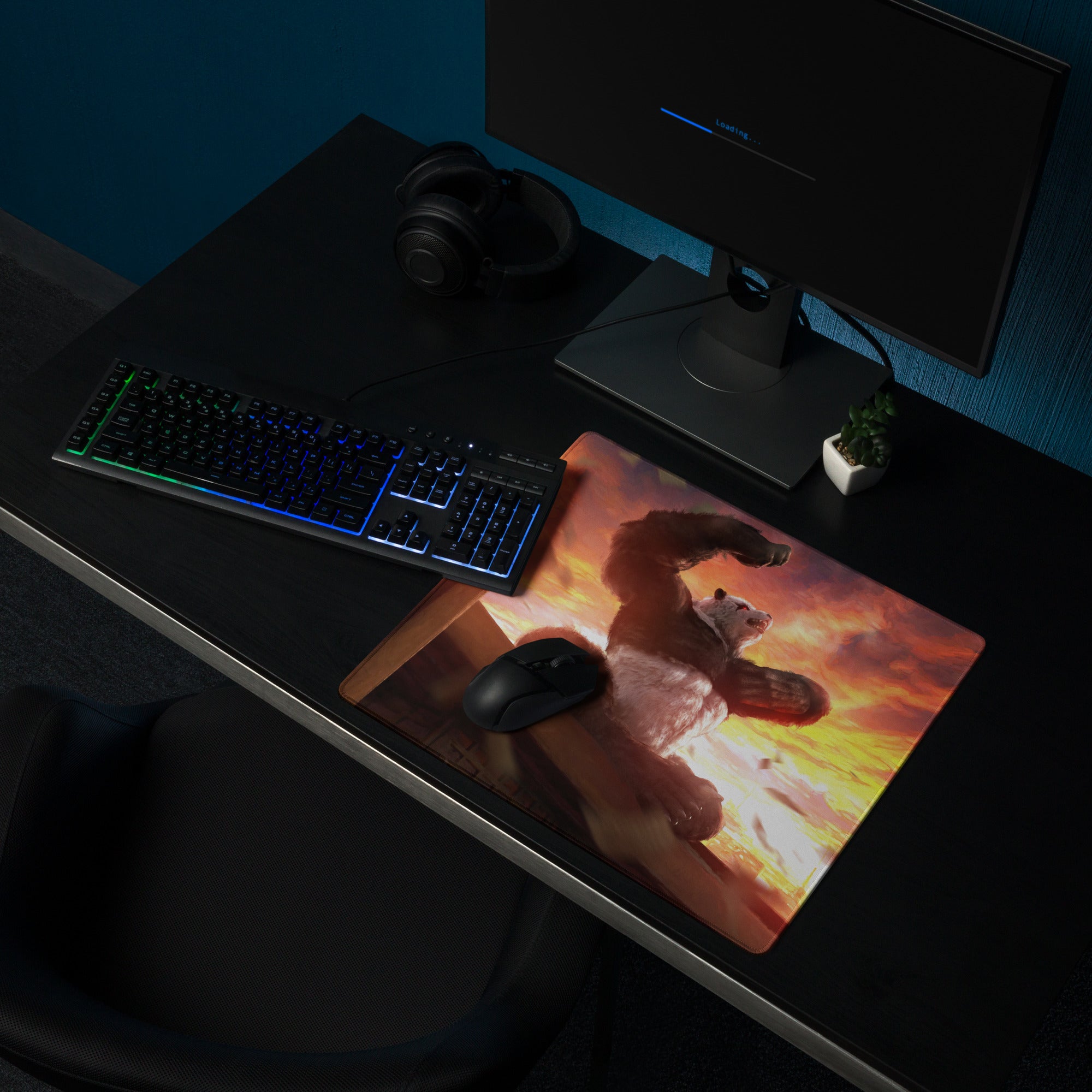 Giant Monster Battle Mouse Pad Orange Purple Sunset For Gaming Desk Setup Epic Cinematic Digital Art