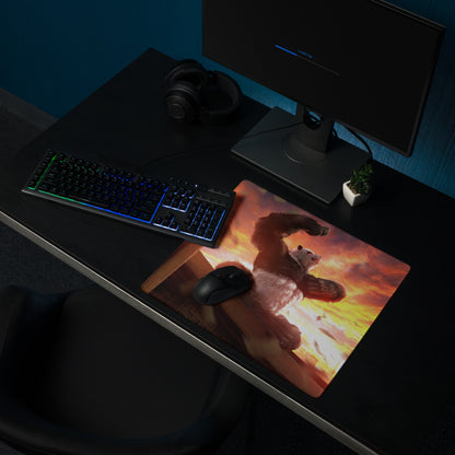Giant Monster Battle Mouse Pad Orange Purple Sunset For Gaming Desk Setup Epic Cinematic Digital Art