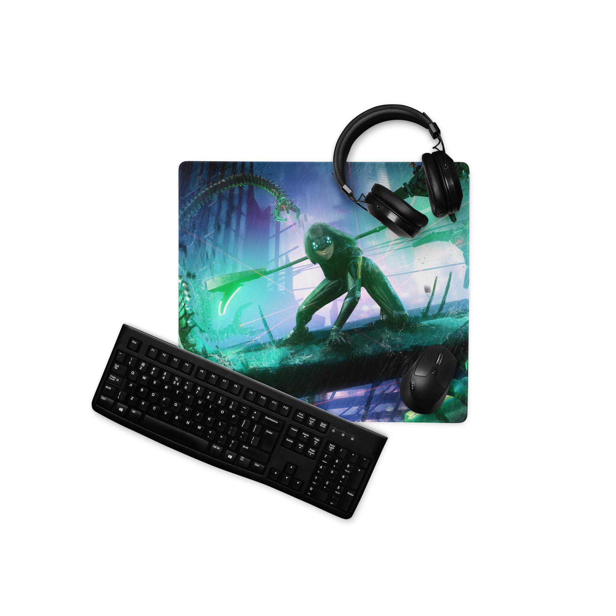 Gaming Mouse Pad Blue Teal Neon Cyberpunk Desk Setup For Gamers Vibrant SciFi Digital Art