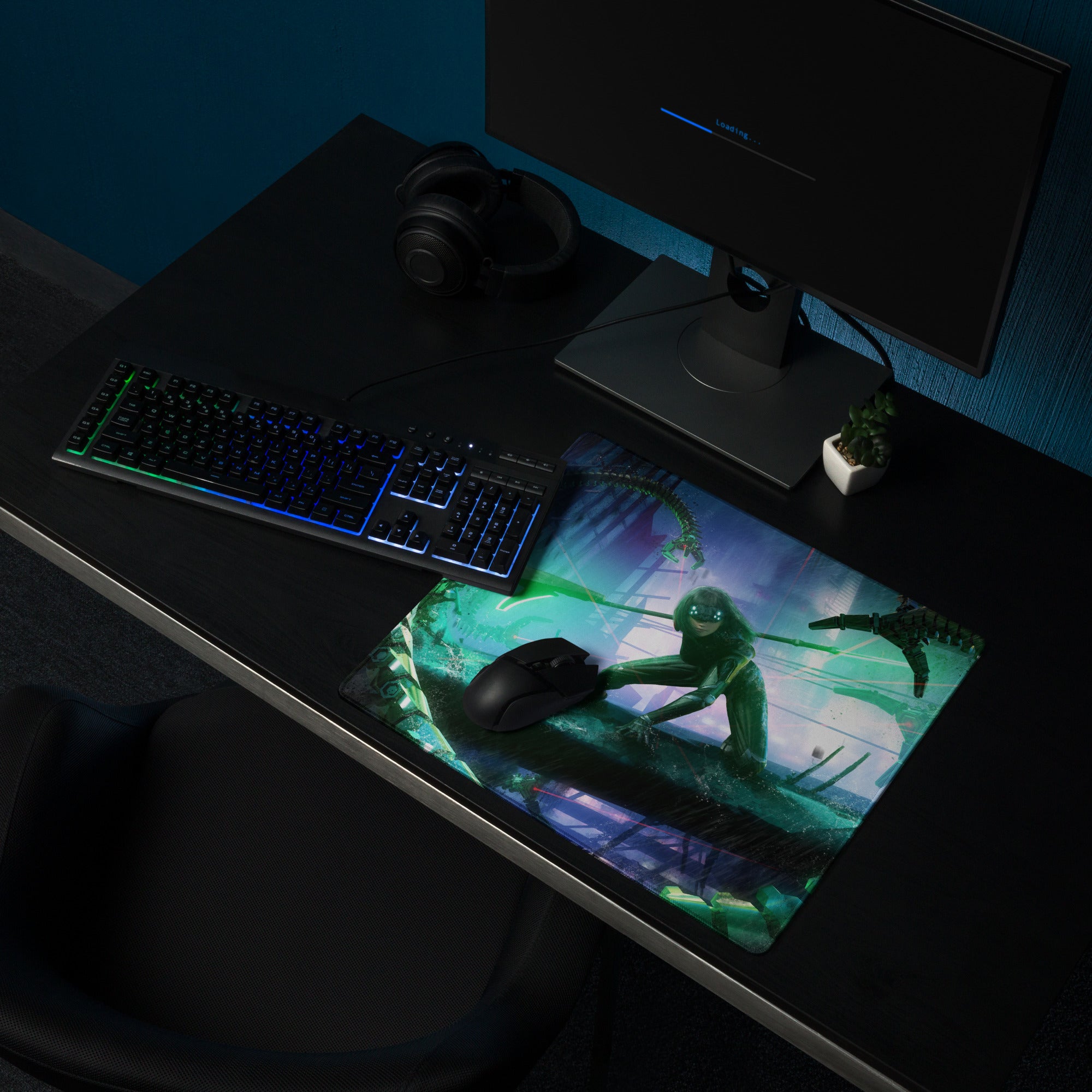 Gaming Mouse Pad Blue Teal Neon Cyberpunk Desk Setup For Gamers Vibrant SciFi Digital Art