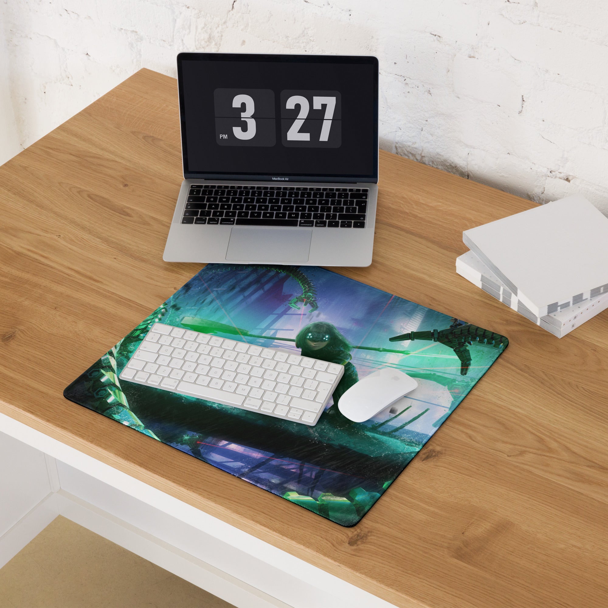 Gaming Mouse Pad Blue Teal Neon Cyberpunk Desk Setup For Gamers Vibrant SciFi Digital Art