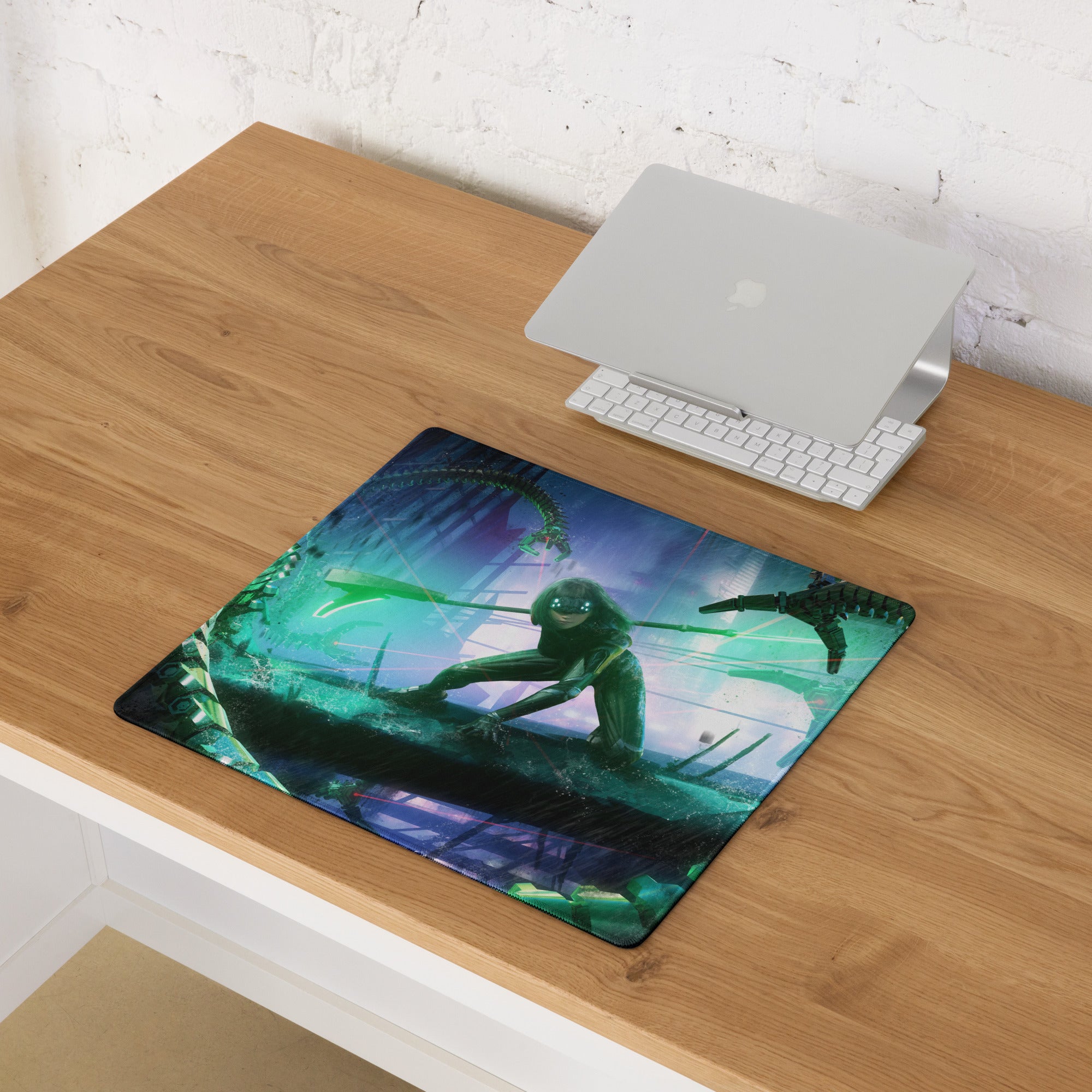 Gaming Mouse Pad Blue Teal Neon Cyberpunk Desk Setup For Gamers Vibrant SciFi Digital Art