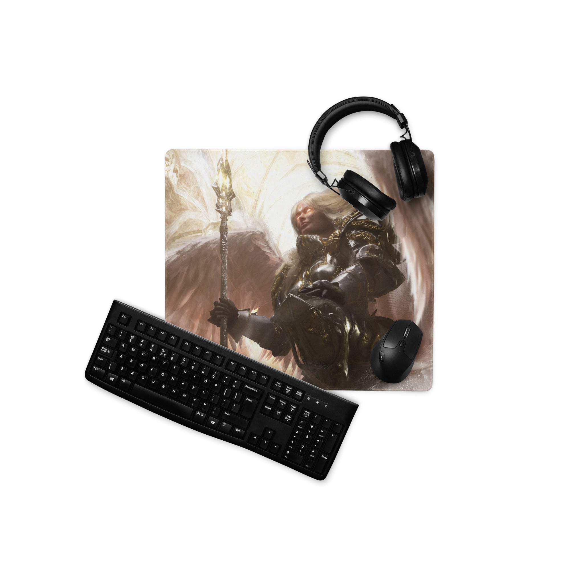 Gaming Mouse Pad Black And Gold Large Desk Mat For Gaming Setup Non Slip Edge Stitched Fantasy Warrior Artwork Digital