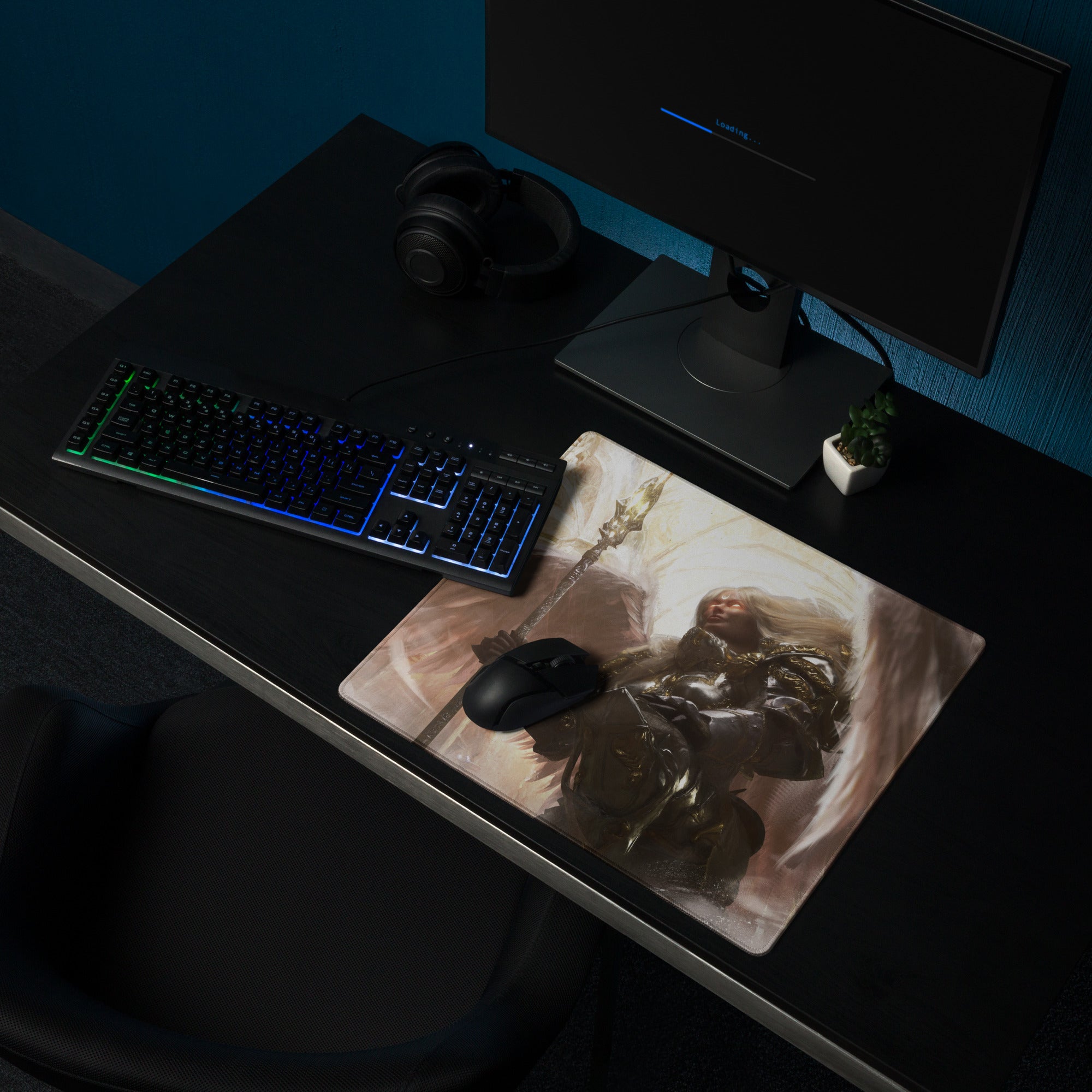 Gaming Mouse Pad Black And Gold Large Desk Mat For Gaming Setup Non Slip Edge Stitched Fantasy Warrior Artwork Digital