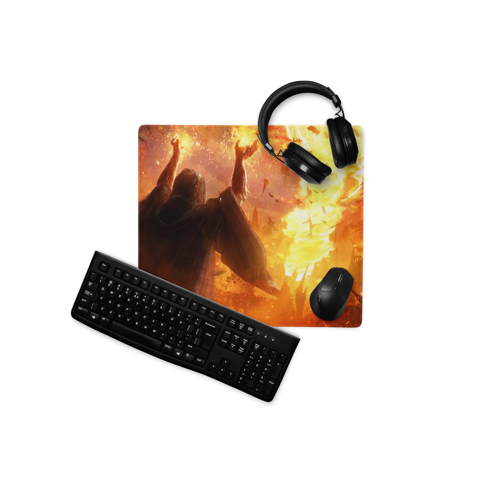 Gamer Mouse Pad Fiery Orange Black Large Desk Mat For Gaming Setup Epic Mood Digital Art Print