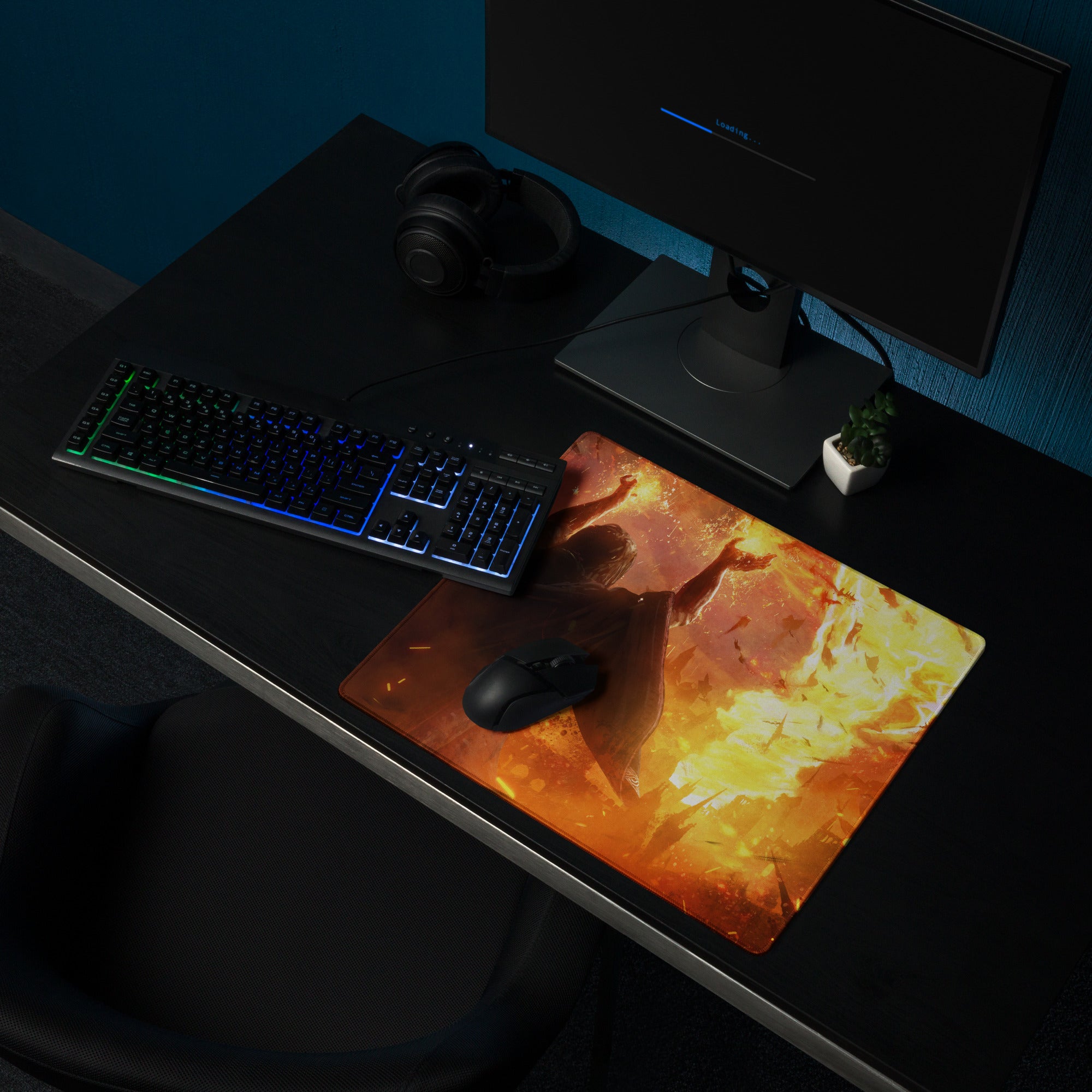 Gamer Mouse Pad Fiery Orange Black Large Desk Mat For Gaming Setup Epic Mood Digital Art Print