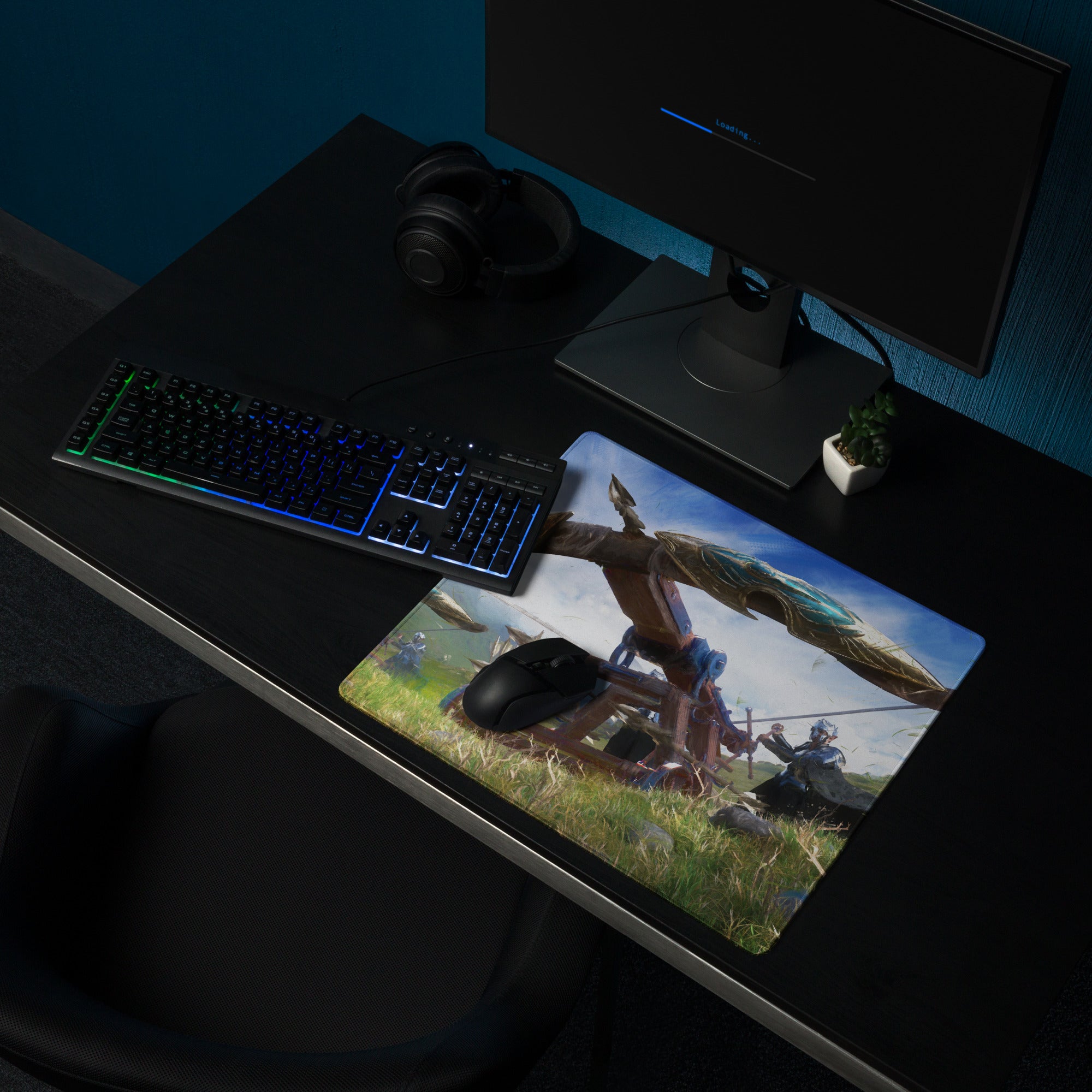 Gaming Mouse Pad Blue Large Non Slip Desk Mat For PC Gaming Setups Fantasy Battle Art