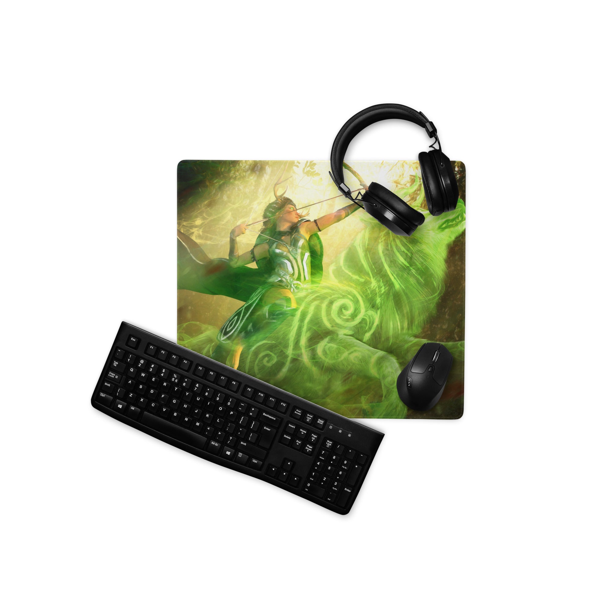 Gaming Mouse Pad Neon Green Arcane Swirl Large Non Slip Desk Mat For PC Setup Fantasy Art Style Desk Accessory