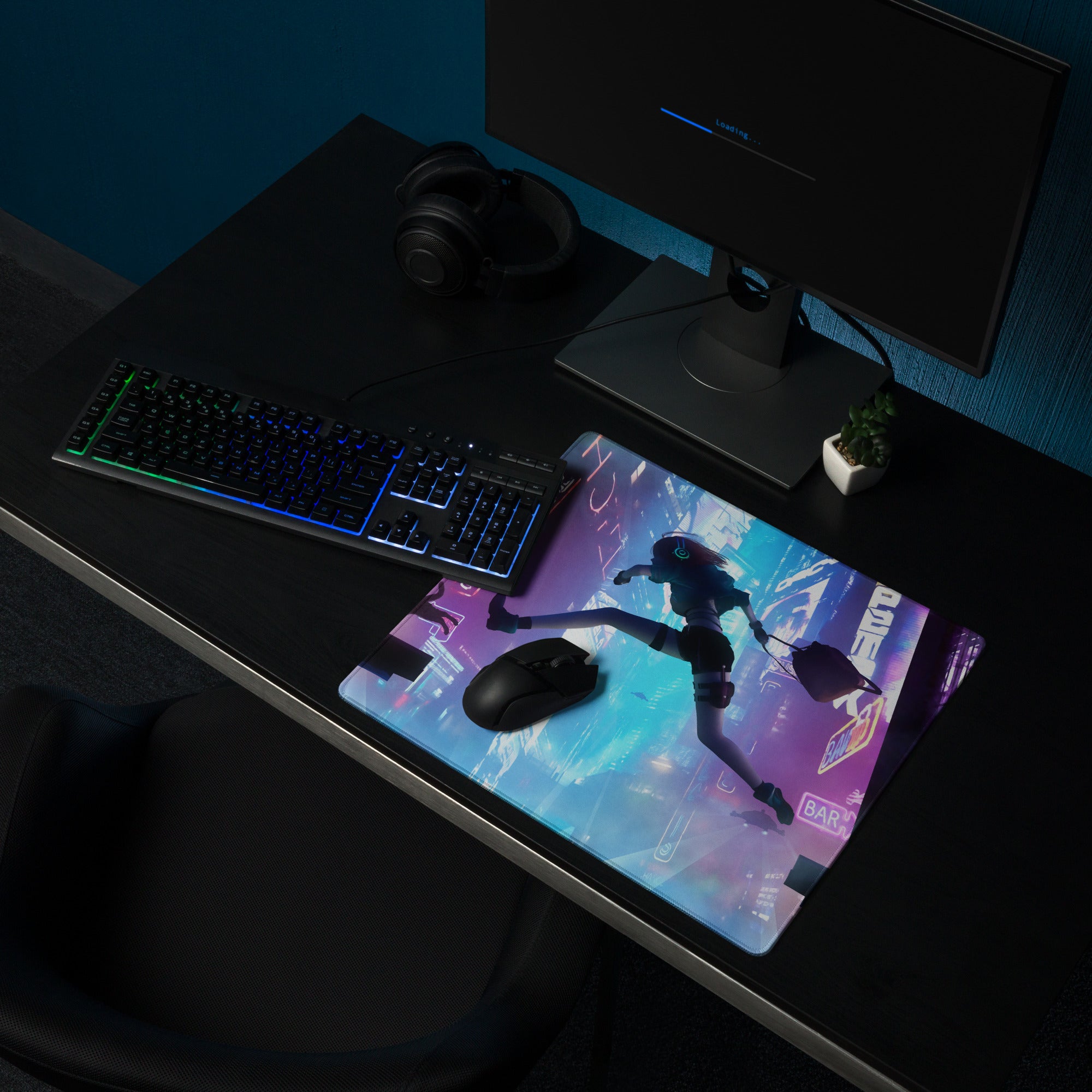 Gaming Mouse Pad Blue Purple Neon Cyberpunk for Gaming Desk Large Anti Slip Edge Stitched Digital Art