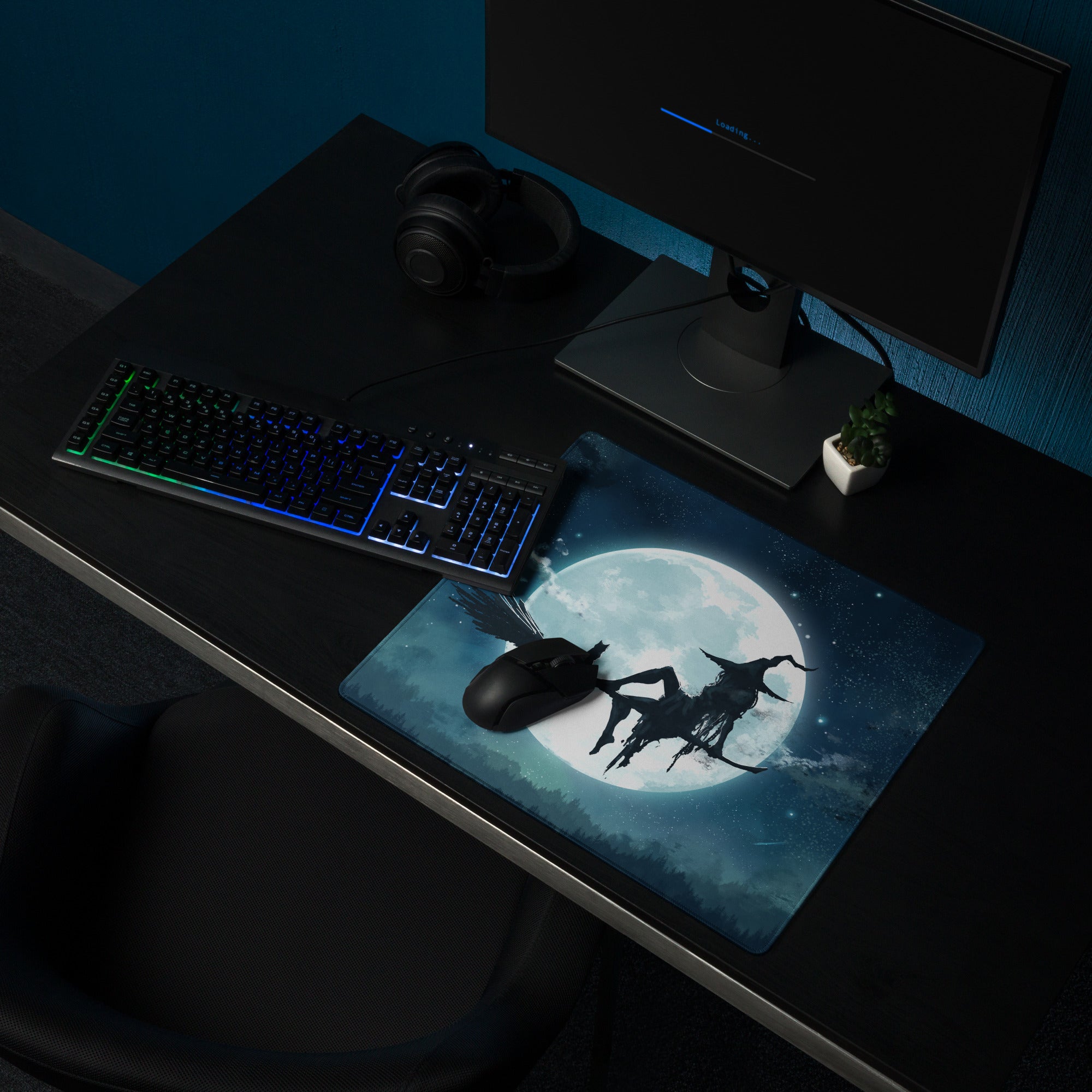 Moonlit Navy Blue Gaming Mouse Pad For Desk Setup With Epic Night Sky Fantasy Silhouette Artwork