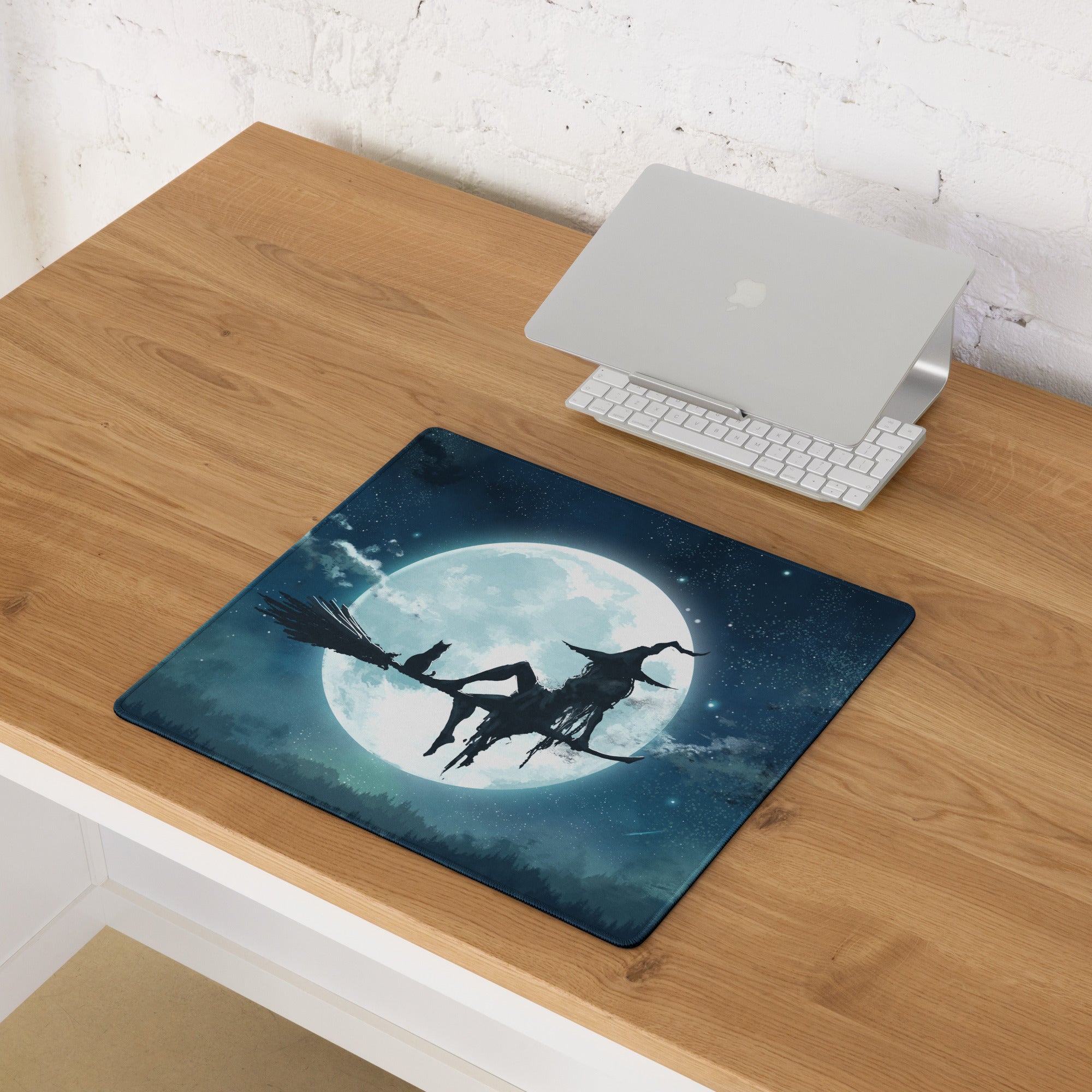 Moonlit Navy Blue Gaming Mouse Pad For Desk Setup With Epic Night Sky Fantasy Silhouette Artwork