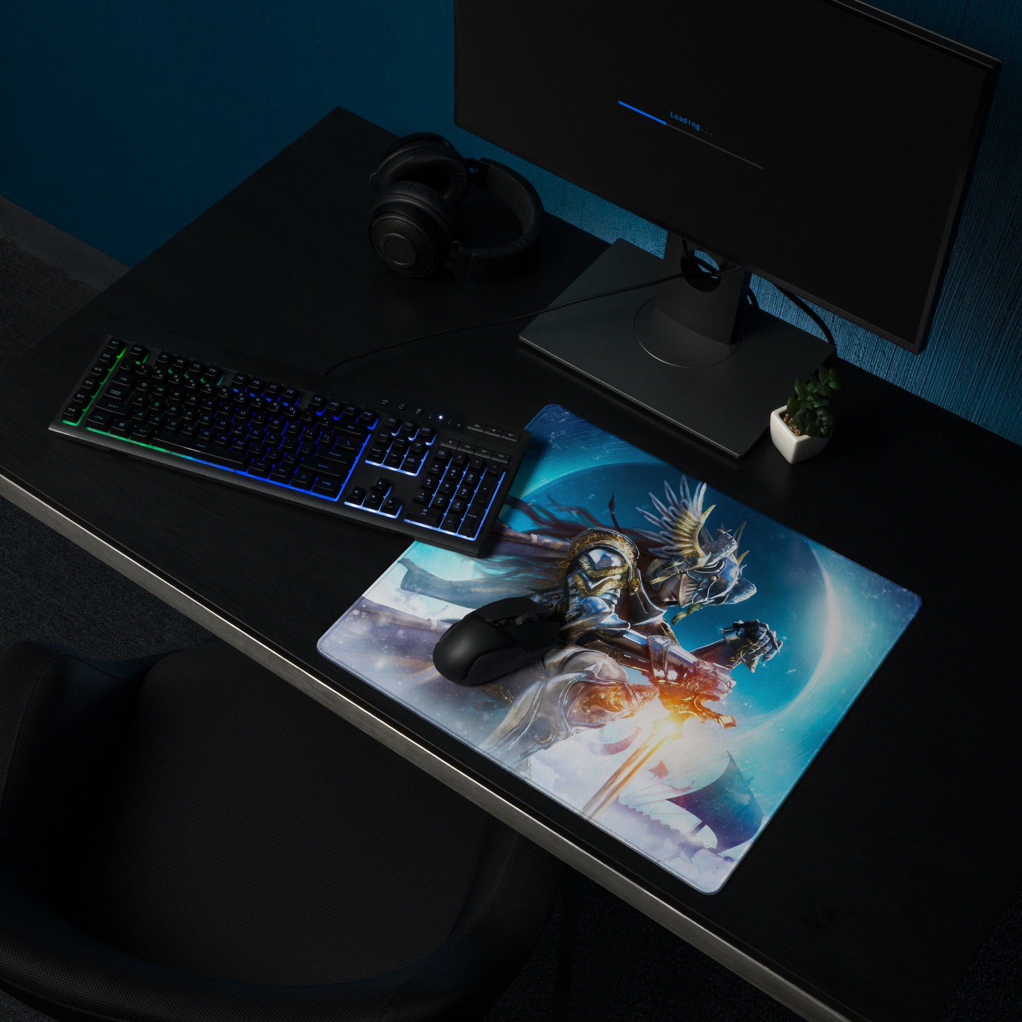 Gaming Mouse Pad Blue Dragon Knight Desk Mat For PC Setup Modern Epic Gaming Style