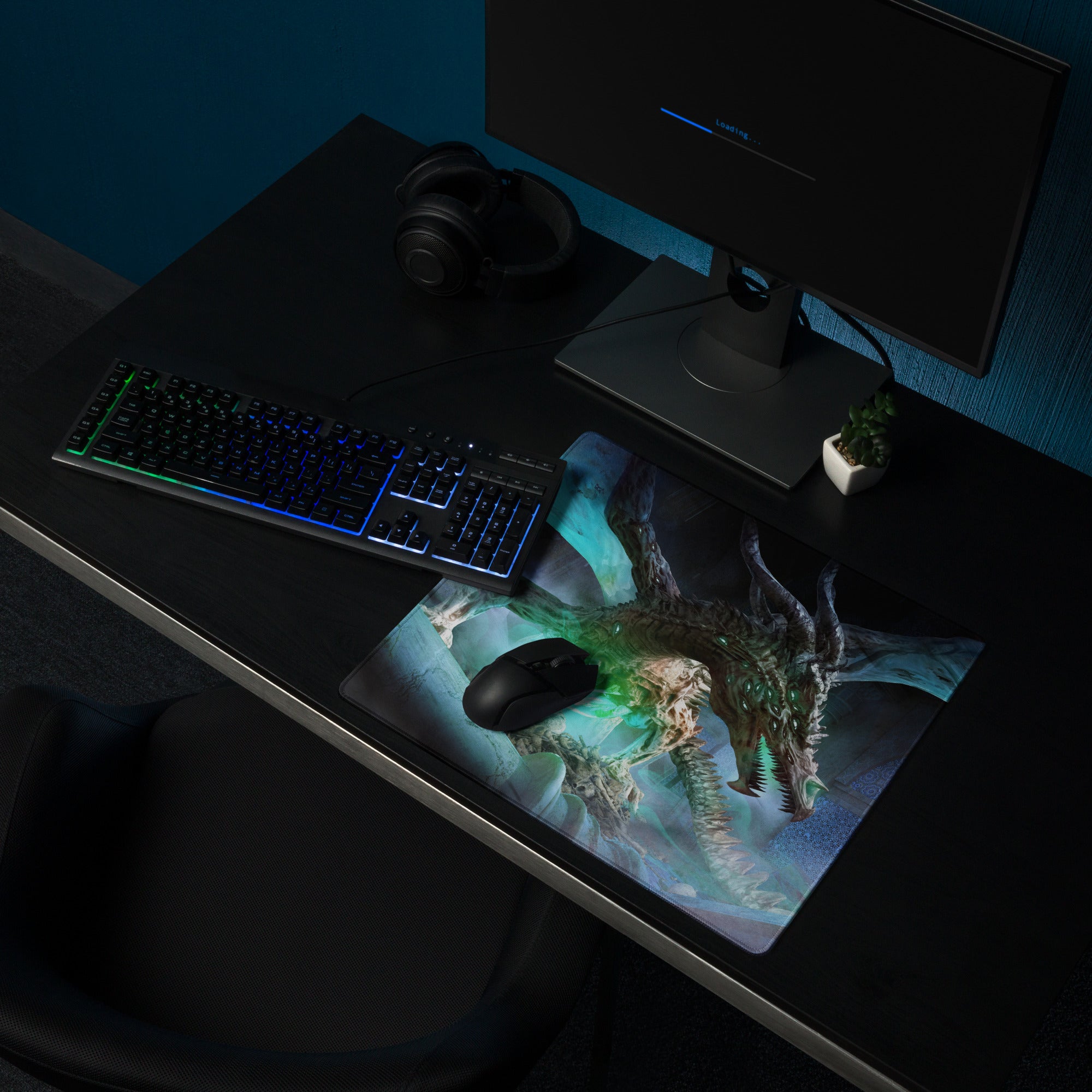Dragon Themed Gaming Mouse Pad Large Blue Teal Green For Gaming Desk Non Slip Edge Stitching Fantasy Artwork