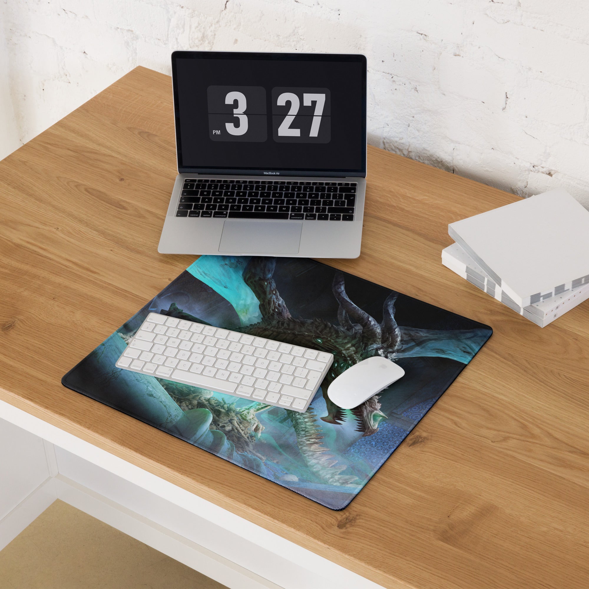 Dragon Themed Gaming Mouse Pad Large Blue Teal Green For Gaming Desk Non Slip Edge Stitching Fantasy Artwork