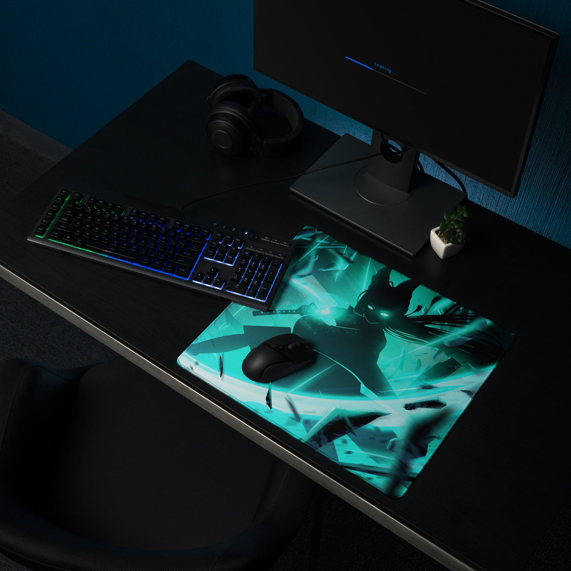 Large Gaming Mouse Pad Teal Blue Neon Cyberpunk Desk Mat For Gaming Setup Non-Slip Edge Stitching