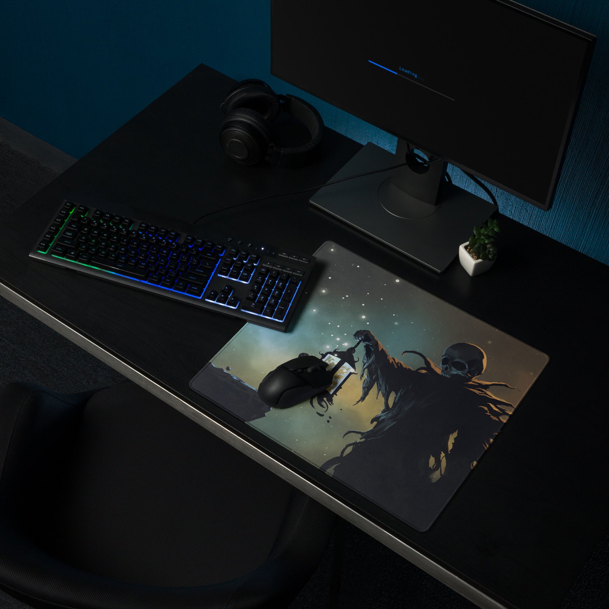 Gaming Mouse Pad Large Deep Blue Teal Night Sky Monster Artwork For Gaming Desk Non Slip, Edge Stitching, Dota CSGO Ready