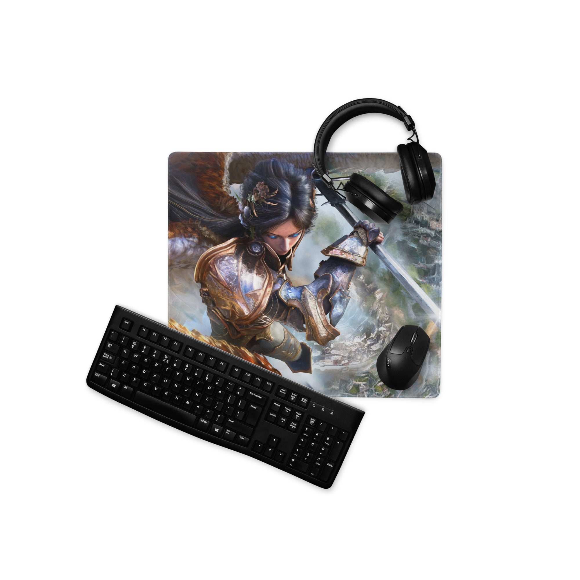Fantasy Warrior Blue And Gold Gaming Desk Mouse Pad Non Slip Large Epic Fantasy Art Style