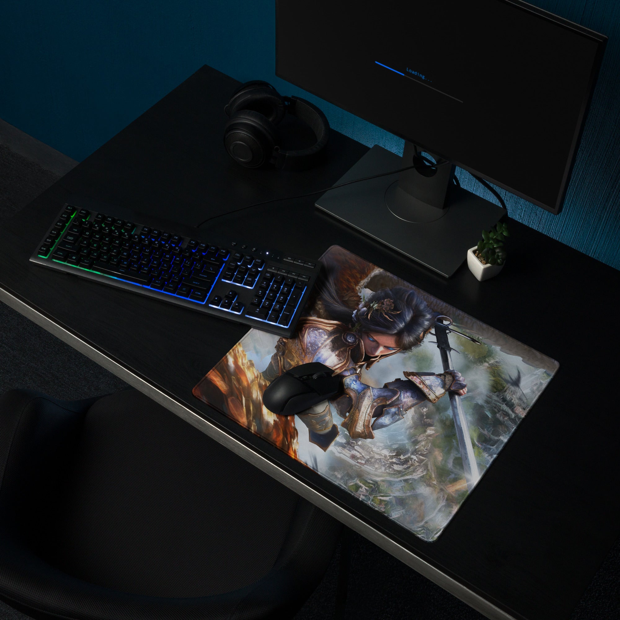 Fantasy Warrior Blue And Gold Gaming Desk Mouse Pad Non Slip Large Epic Fantasy Art Style