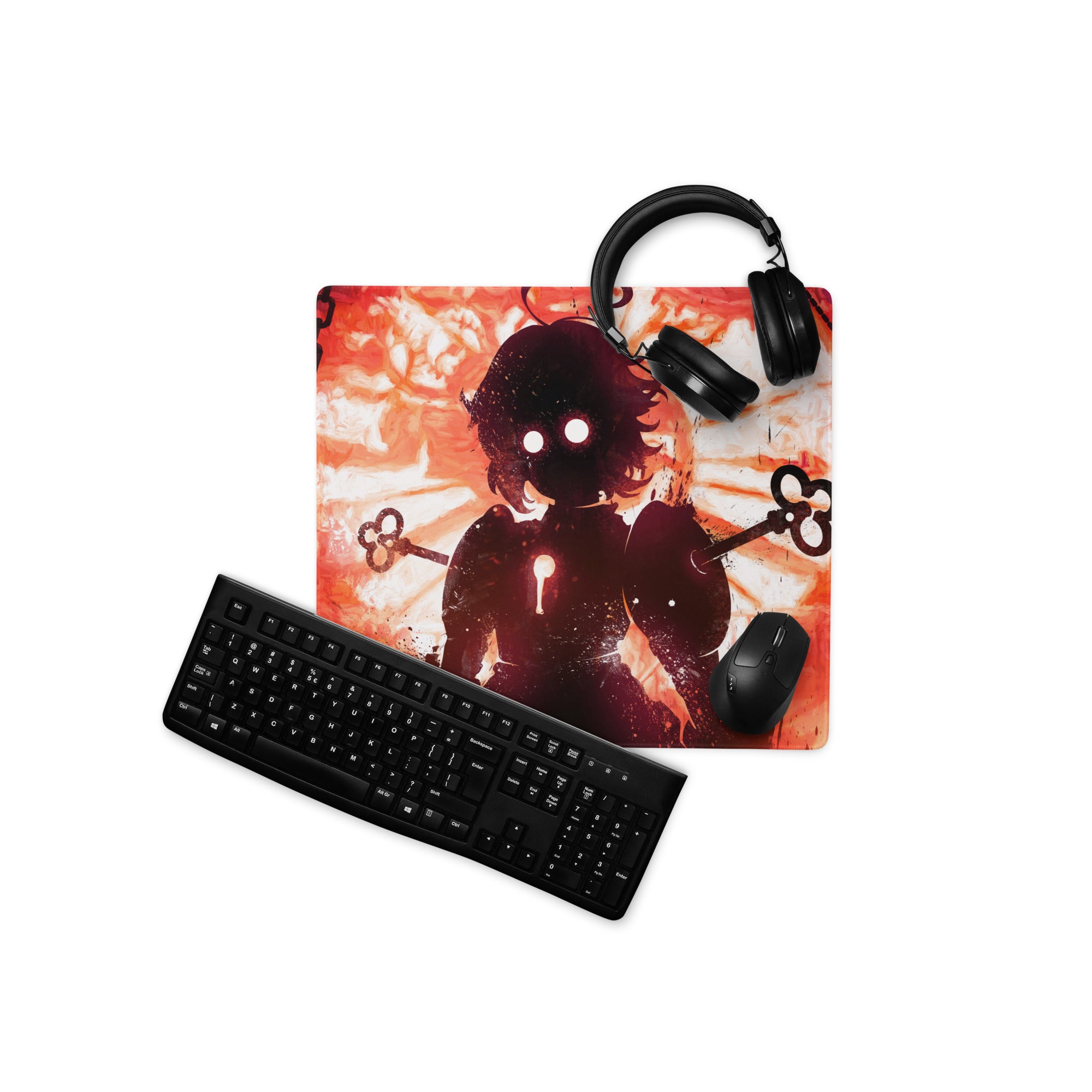 Fiery Demon Silhouette Gaming Mouse Pad Red Black Large Desk Mat Grunge Digital Art