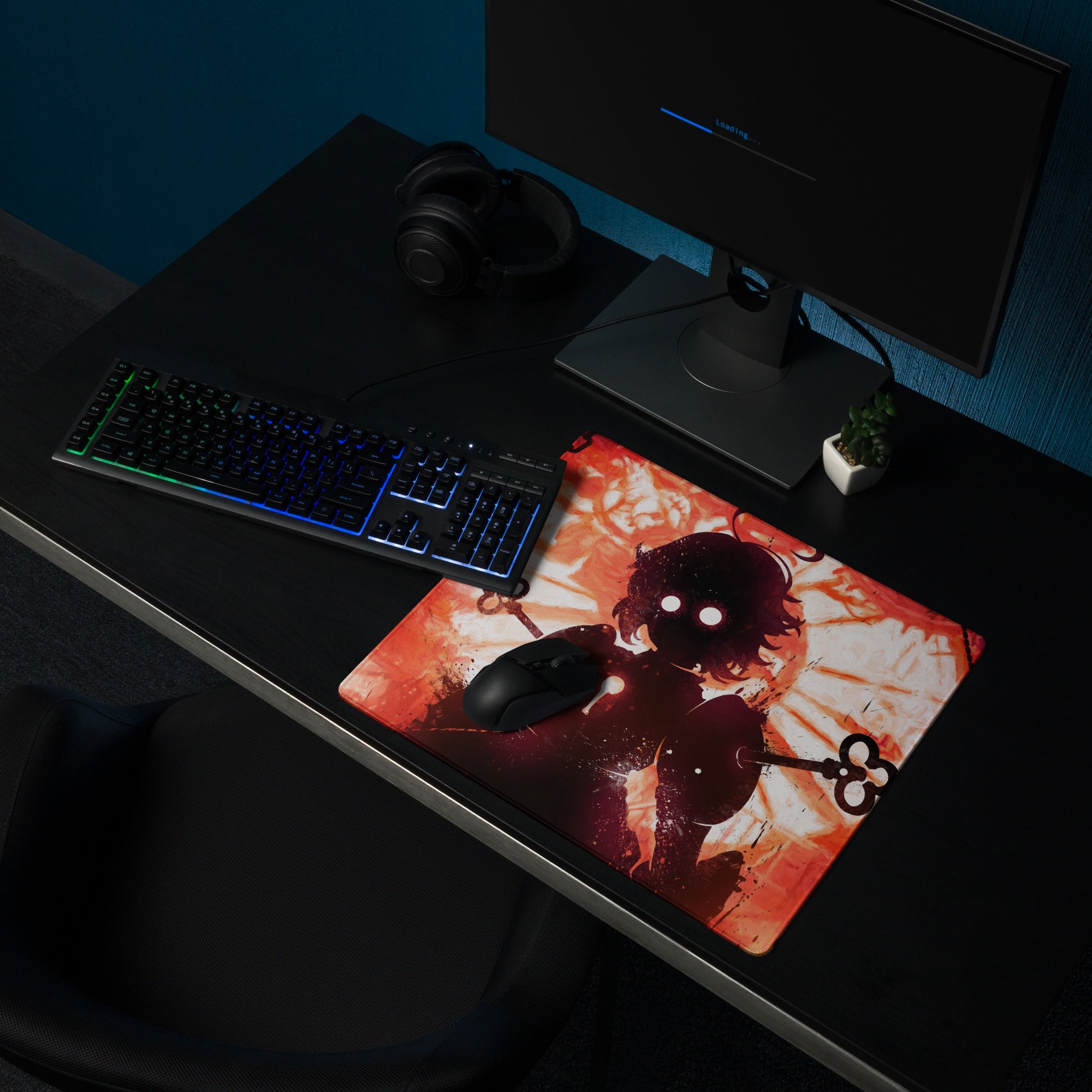 Fiery Demon Silhouette Gaming Mouse Pad Red Black Large Desk Mat Grunge Digital Art