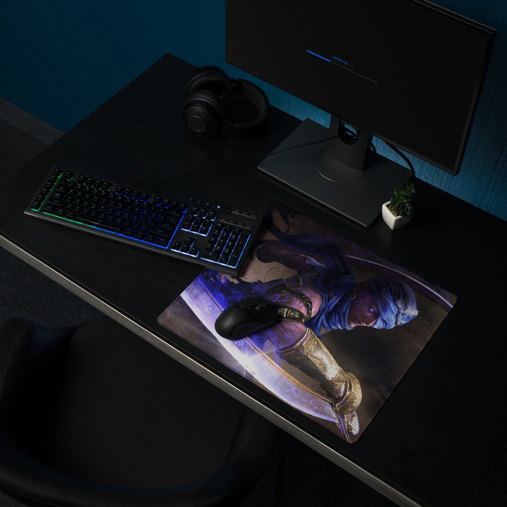Gaming Mouse Pad Blue Purple Neon Fantasy Warrior Artwork For Gaming Setup Large Non Slip Mat