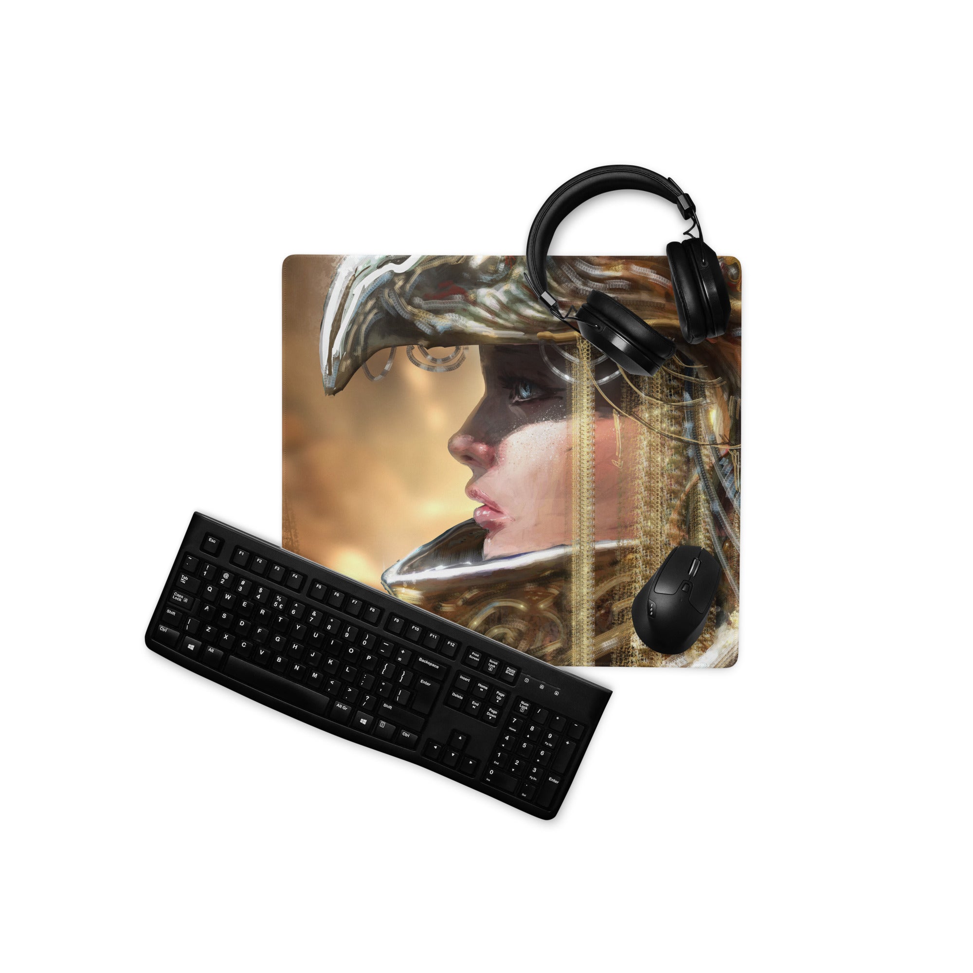 Gamer Themed Large Gaming Mouse Pad With Abstract Gold Brown Portrait Art For Desk Setup Digital Art