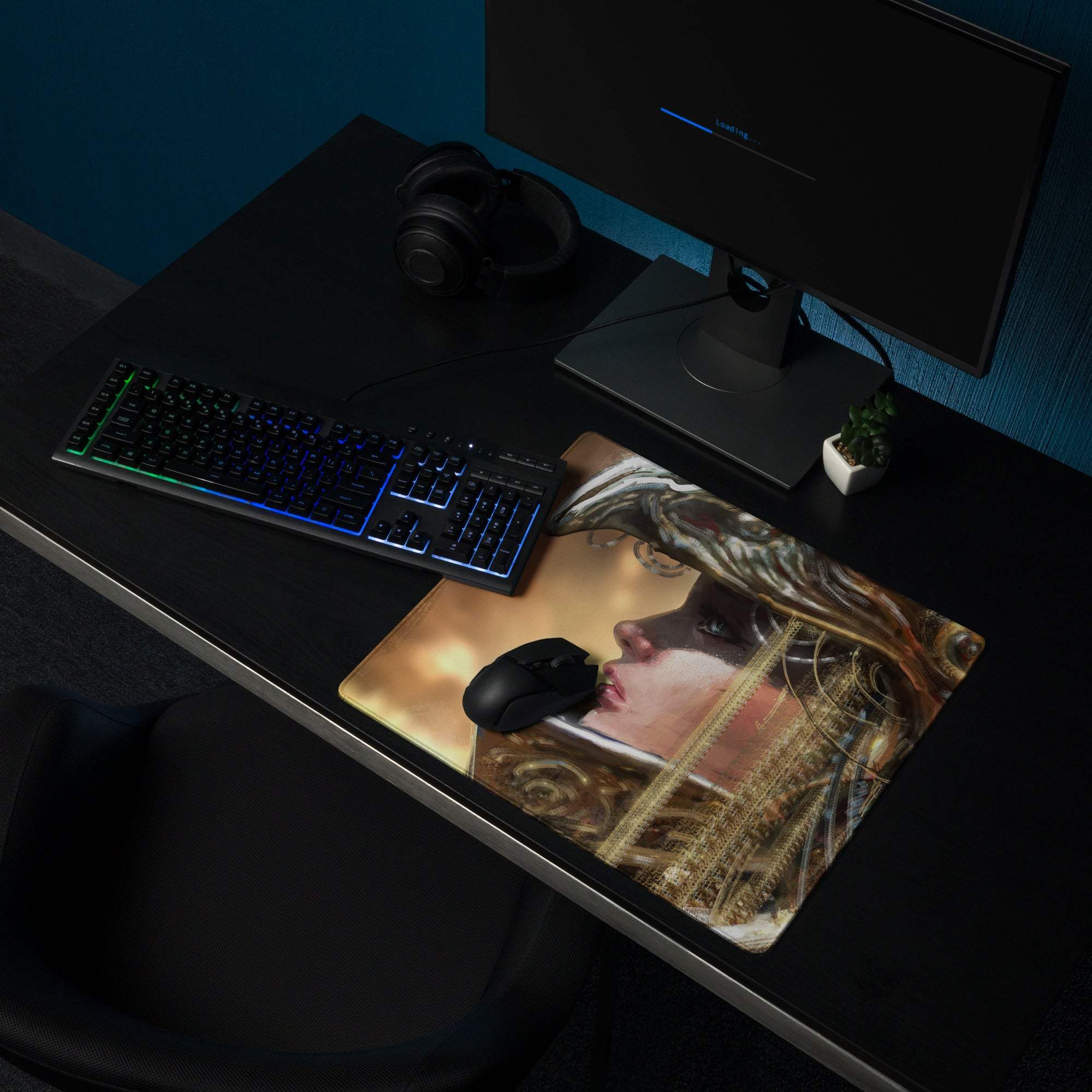 Gold-toned golden brown abstract portrait mouse pad with intricate detailing and glossy finish for gaming setup