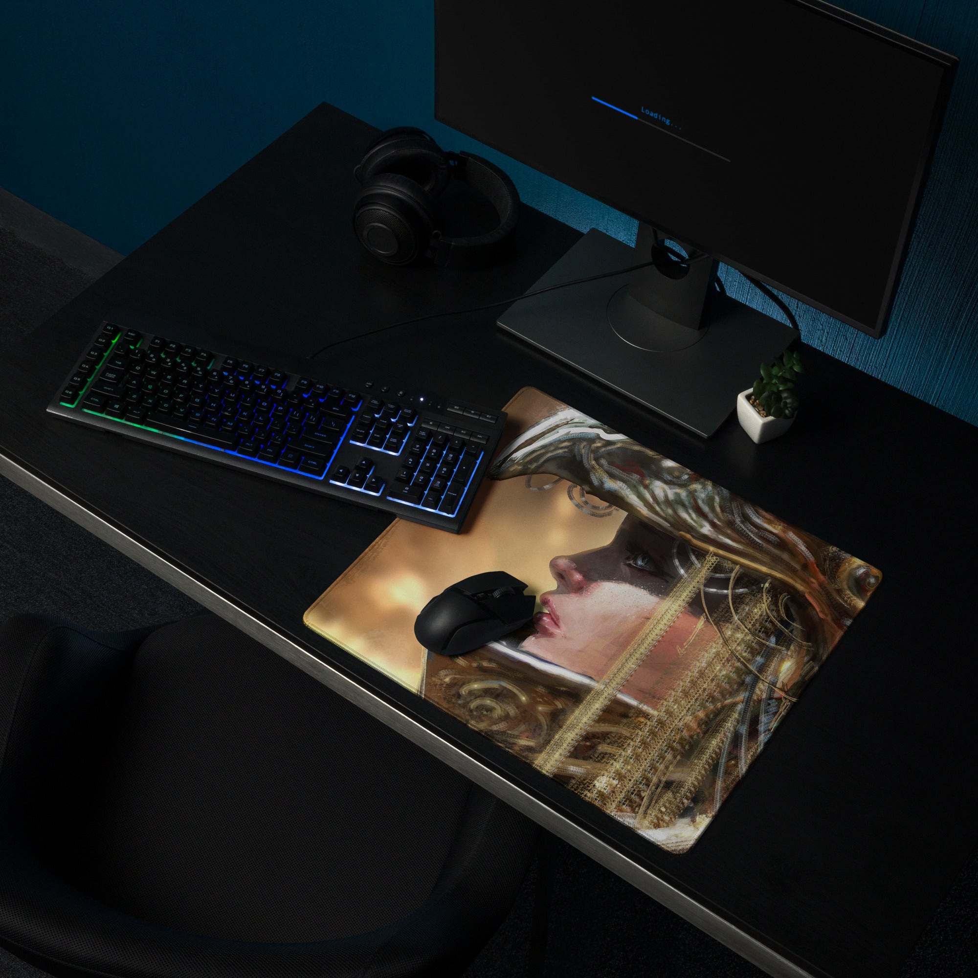 Gamer Themed Large Gaming Mouse Pad With Abstract Gold Brown Portrait Art For Desk Setup Digital Art