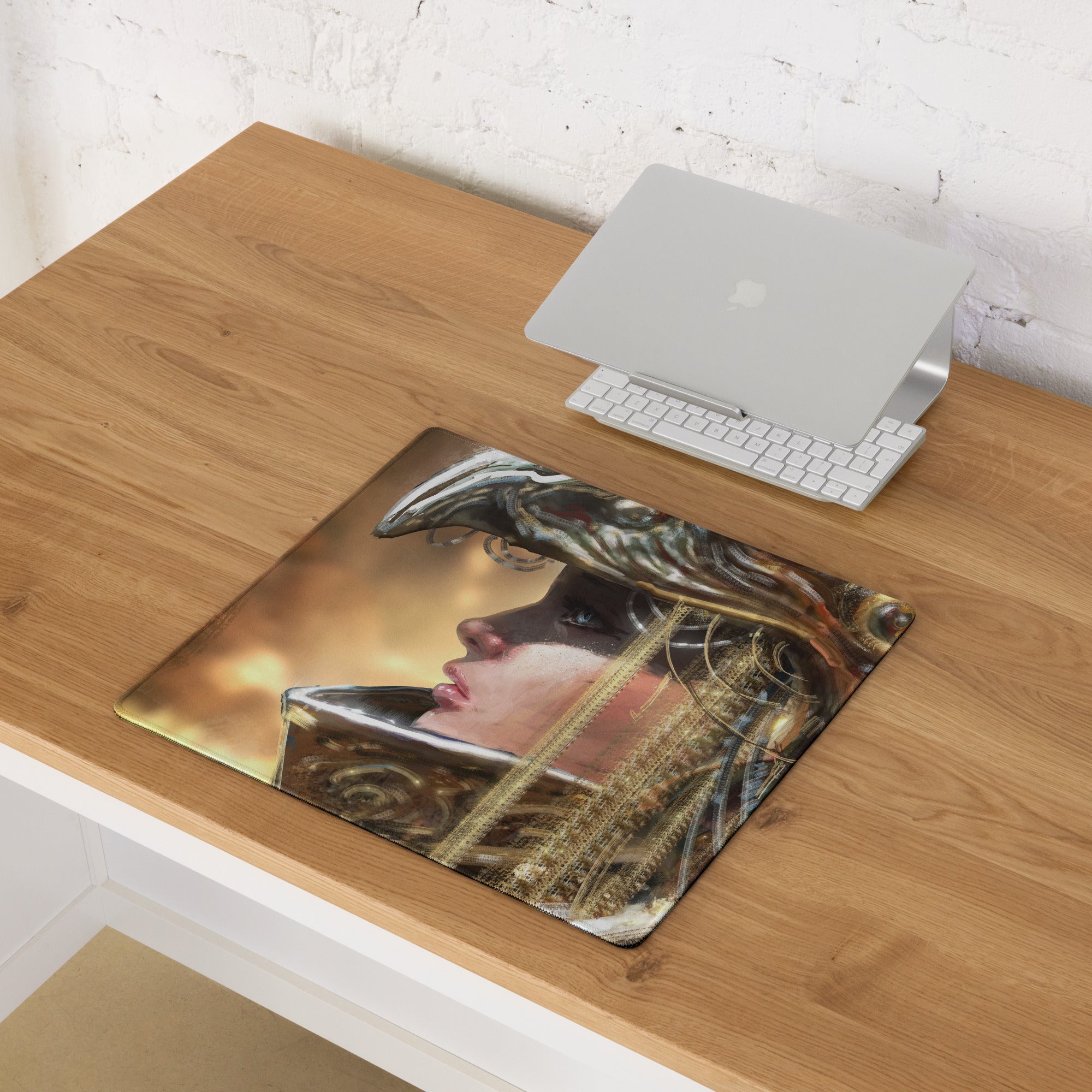 Gamer Themed Large Gaming Mouse Pad With Abstract Gold Brown Portrait Art For Desk Setup Digital Art