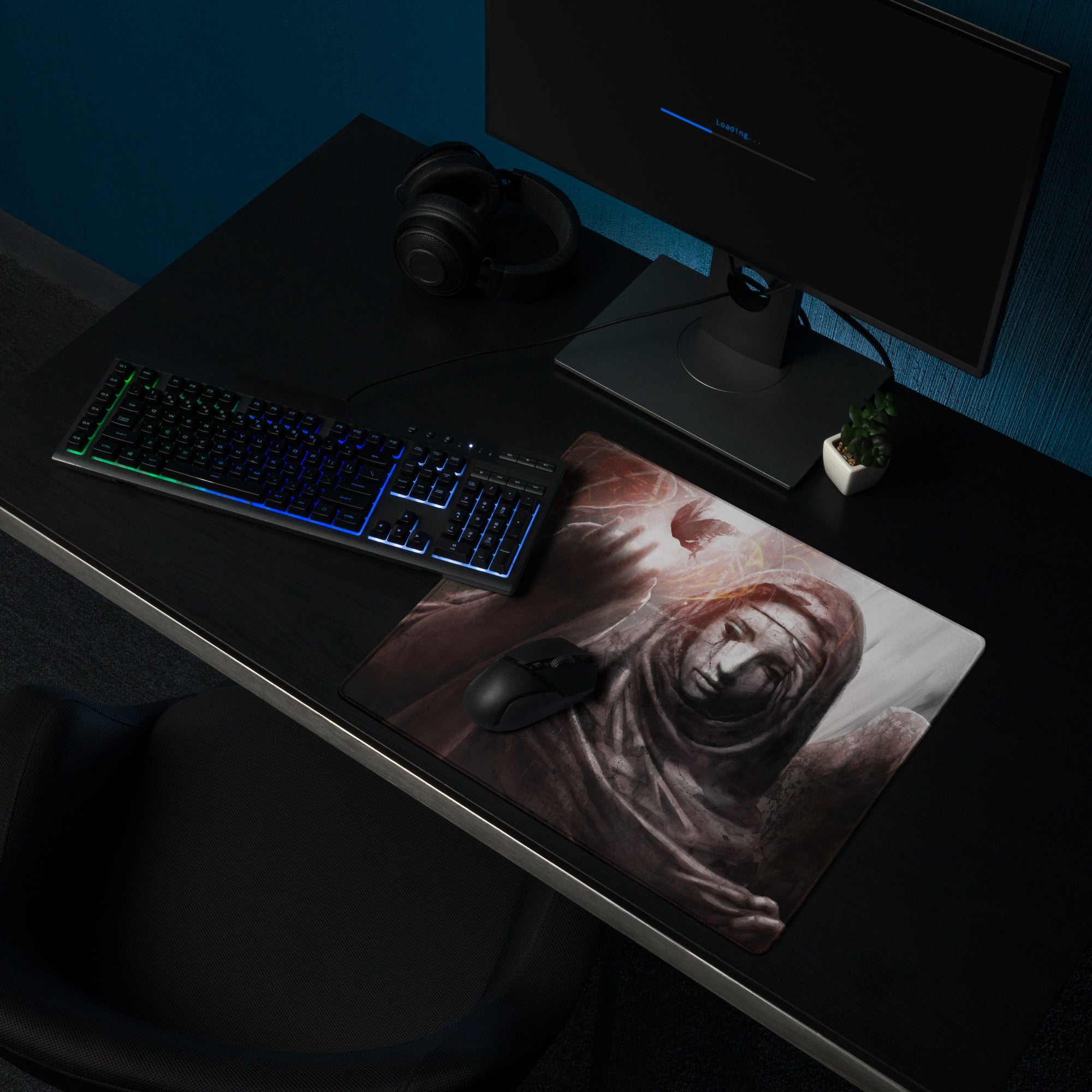 Gaming Mouse Pad Black Gray Large Non Slip Desk Mat For PC Gaming Modern SciFi Digital Artwork Dark Abstract Style For Esports Setup