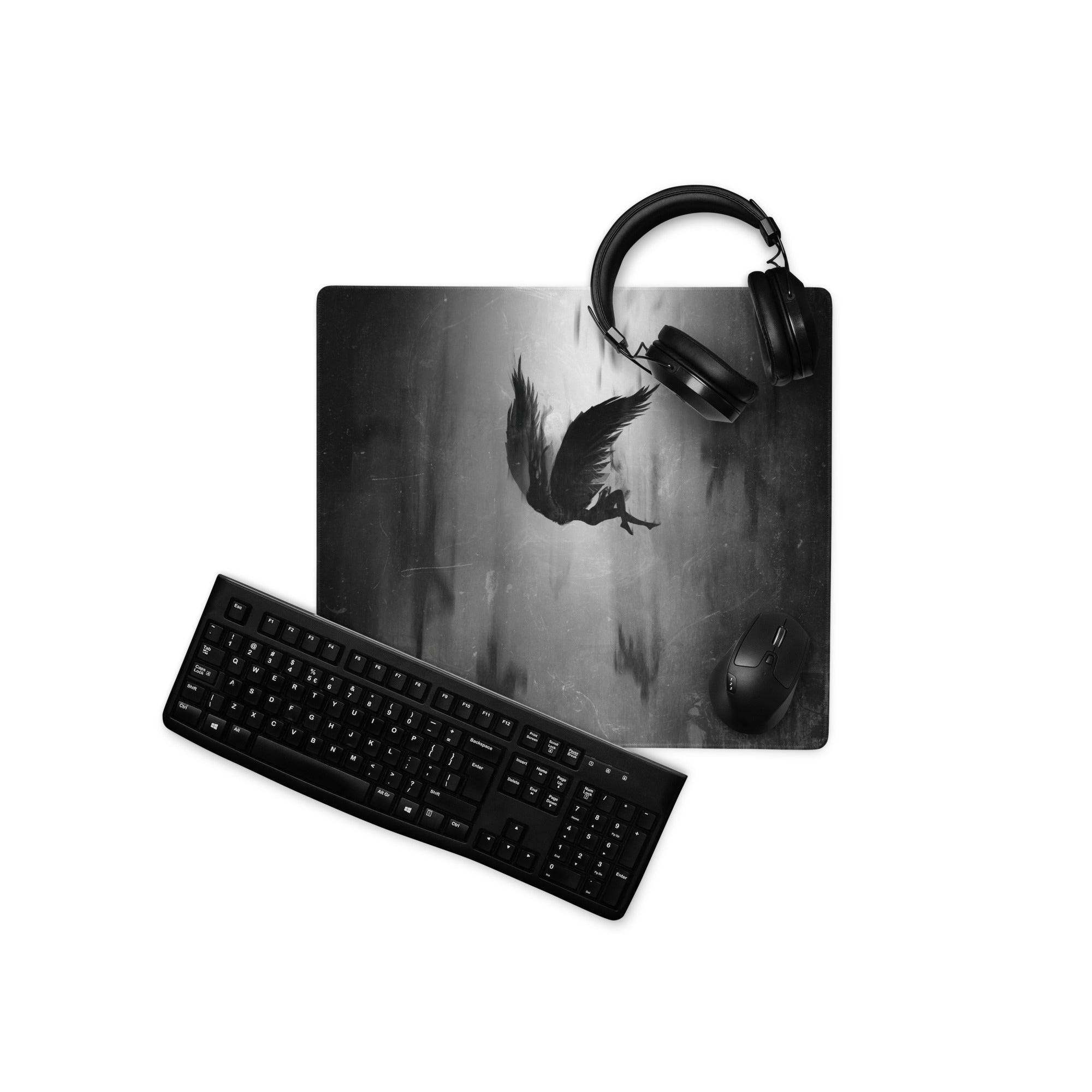 Black Gray Eagle Silhouette Gaming Mouse Pad For Desks, Monochrome Grunge Style, Large Size