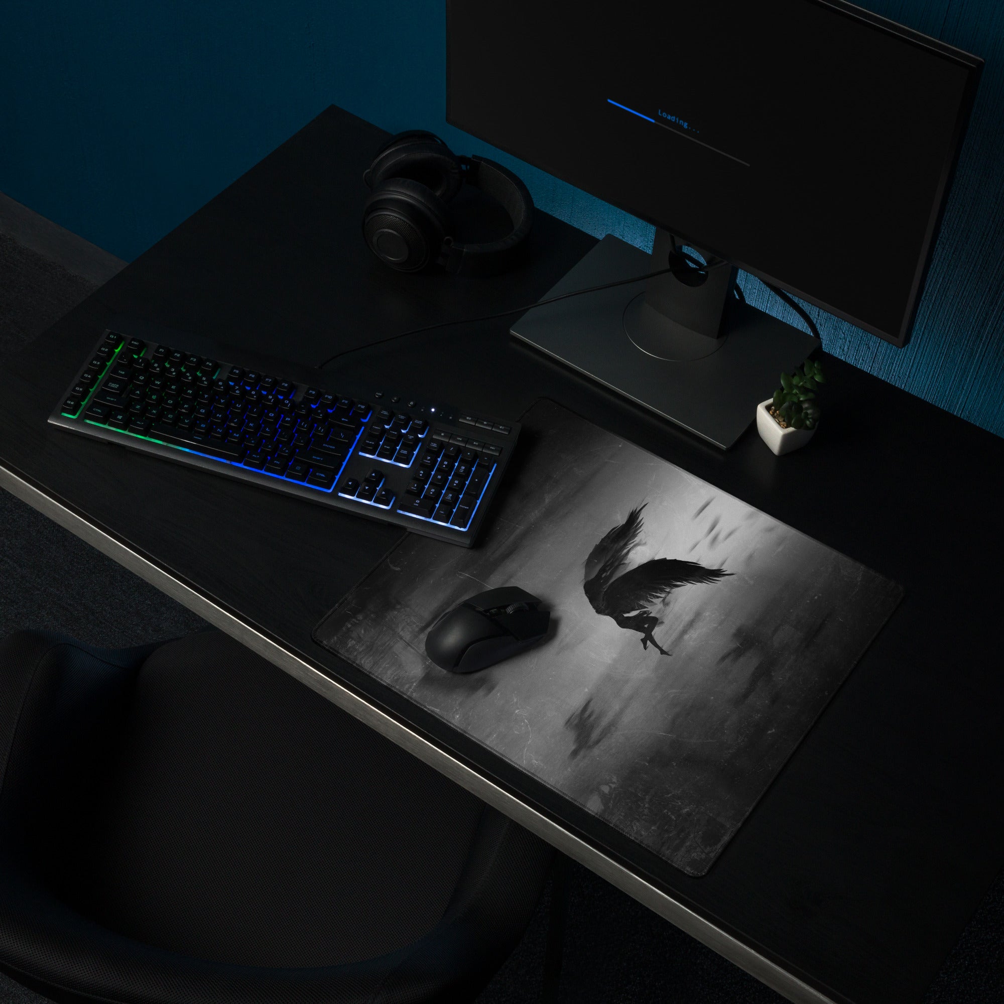 Black Gray Eagle Silhouette Gaming Mouse Pad For Desks, Monochrome Grunge Style, Large Size