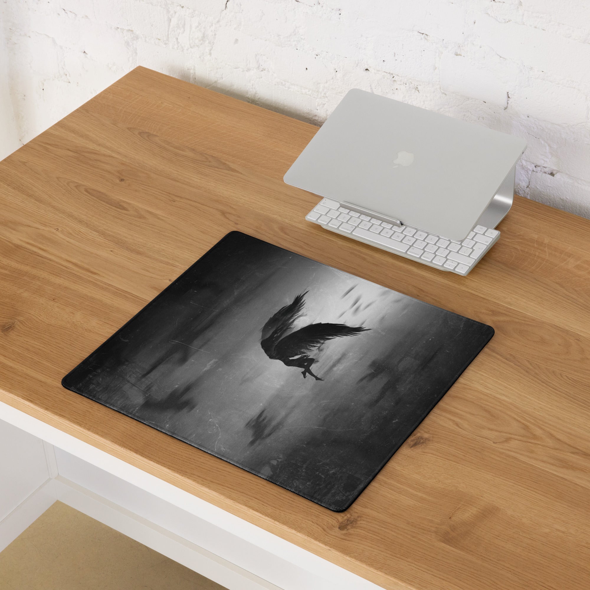 Black Gray Eagle Silhouette Gaming Mouse Pad For Desks, Monochrome Grunge Style, Large Size
