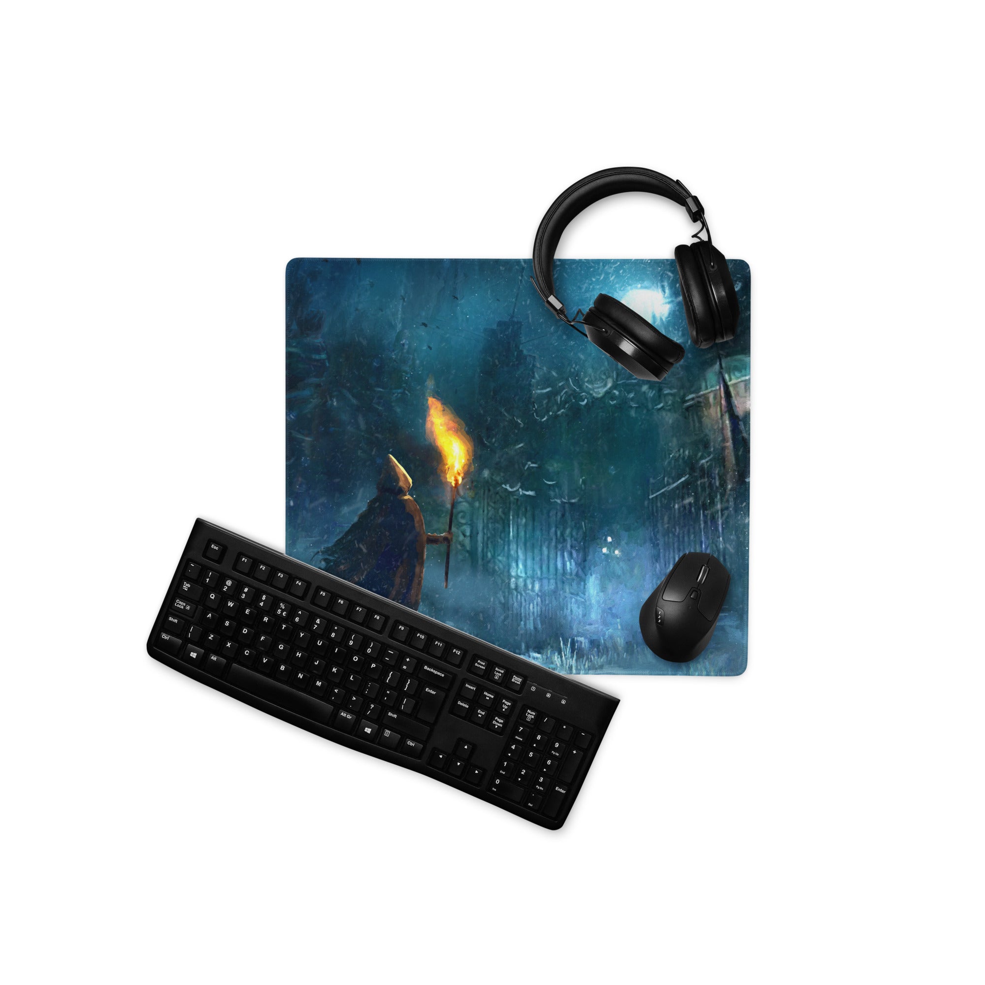 Dark Blue Gaming Mouse Pad With Teal Accents For PC Desk Setup Cinematic Fantasy Artwork Large Non Slip Edge Stitched