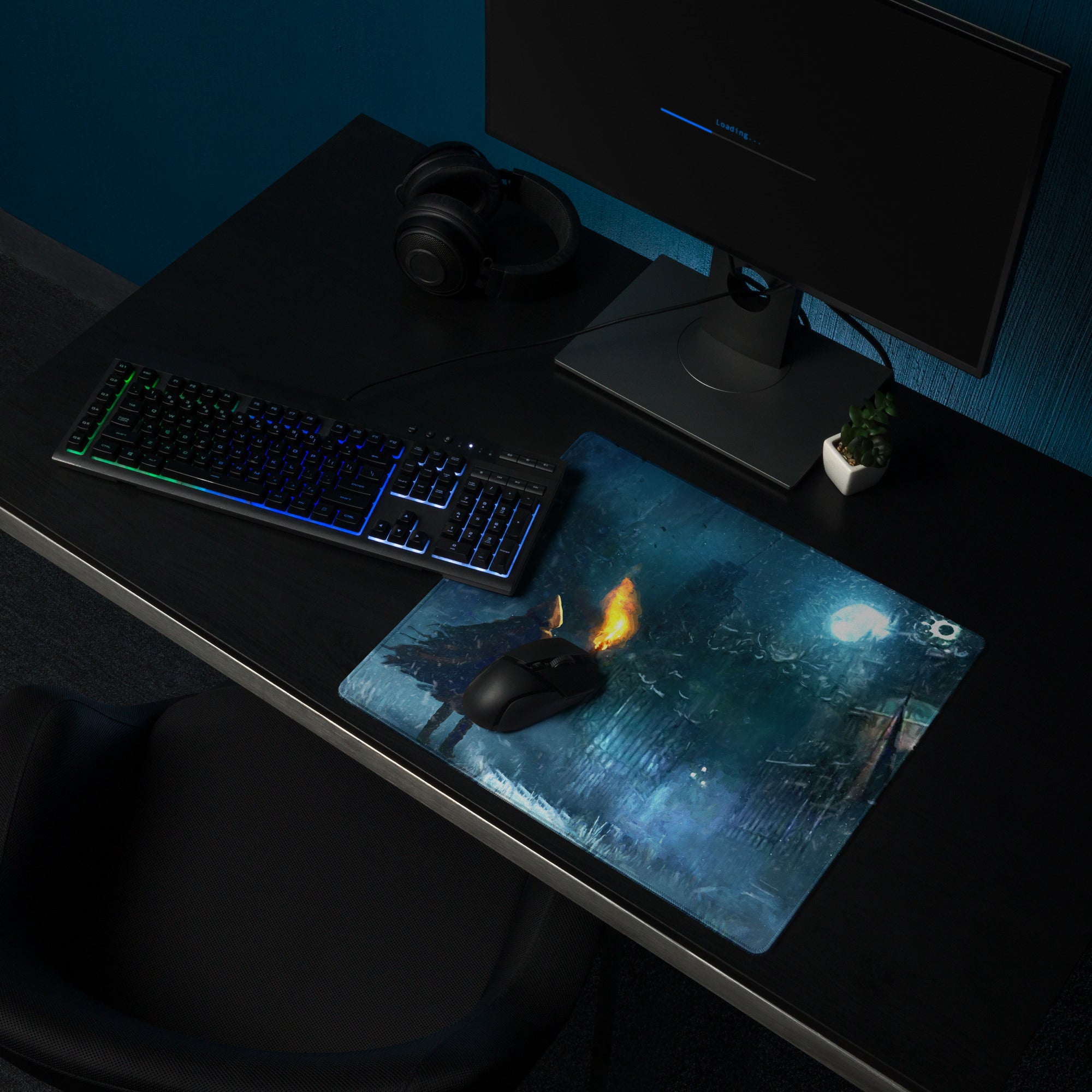 Dark Blue Gaming Mouse Pad With Teal Accents For PC Desk Setup Cinematic Fantasy Artwork Large Non Slip Edge Stitched